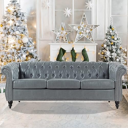 Miniatura 8 de Sofá Chesterfield de piel sintética copetuda naranja para sala de estar, brazo enrollado de 84 pulgadas, sofá de 3 plazas, con botón profundo,