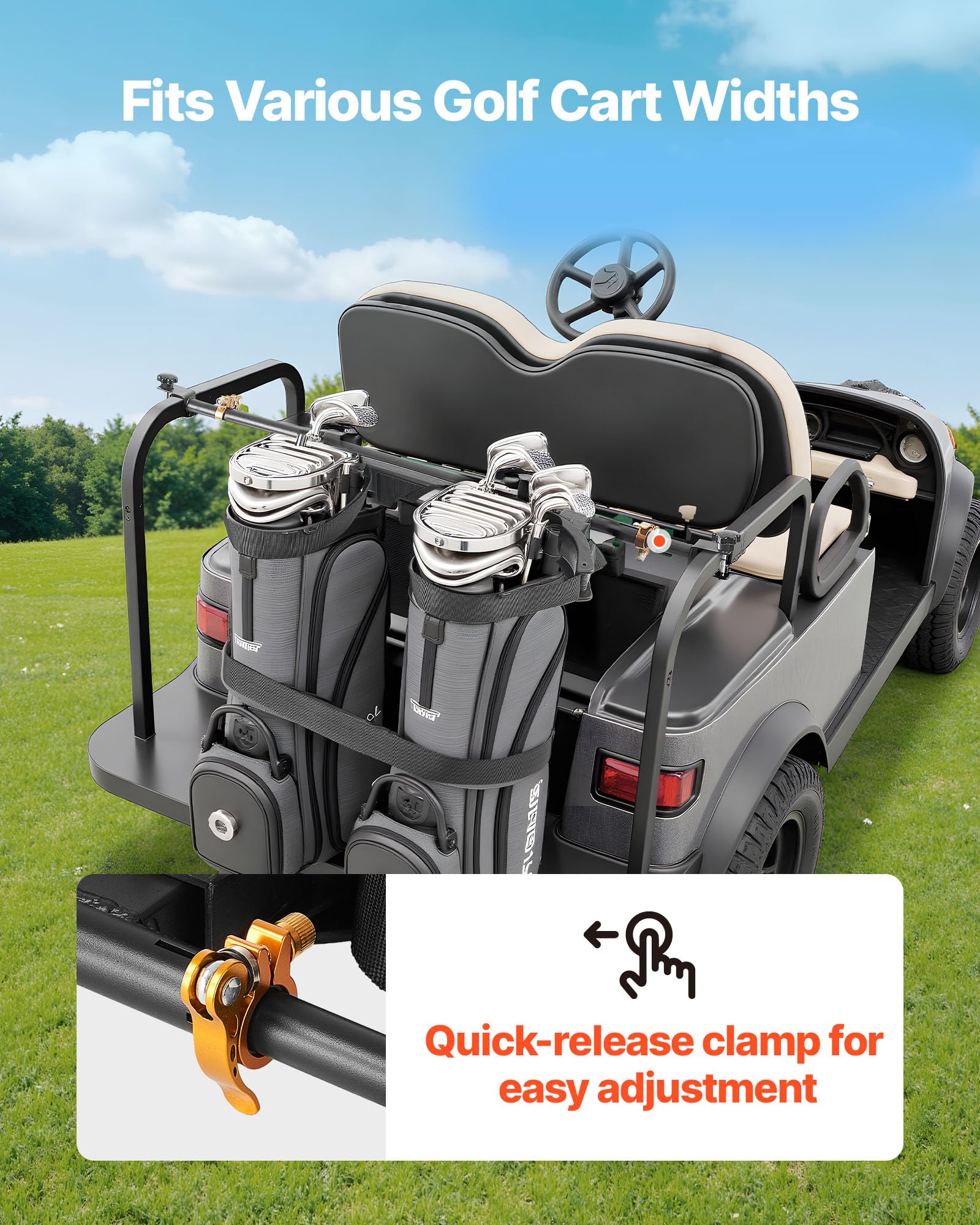 VEVOR Golftaschenhalter (1370 x 195 x 60,5 mm) kompatibel mit den meisten 2+2-Rücksitzen mit 30,48 mm Vierkantrohren, Verstellbarer Schlägerhalter für Rücksitzwagen mit Gurt, kein Bohren erforderlich