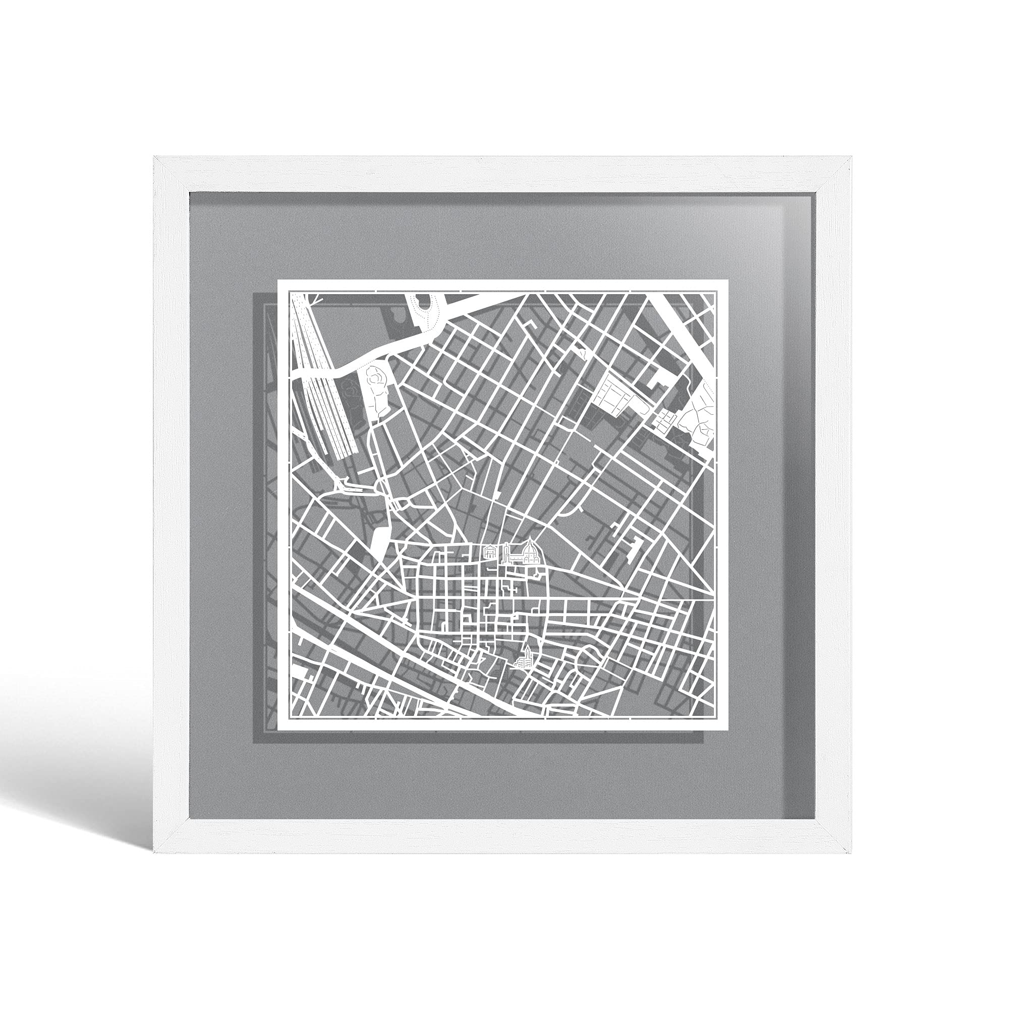 O3 DESIGN STUDIO Firenze Paper Cut Map framed, White map, White frame, 23x23 cm, Gift Boxed, 4 background color, self-changing, Paper Art — image 1