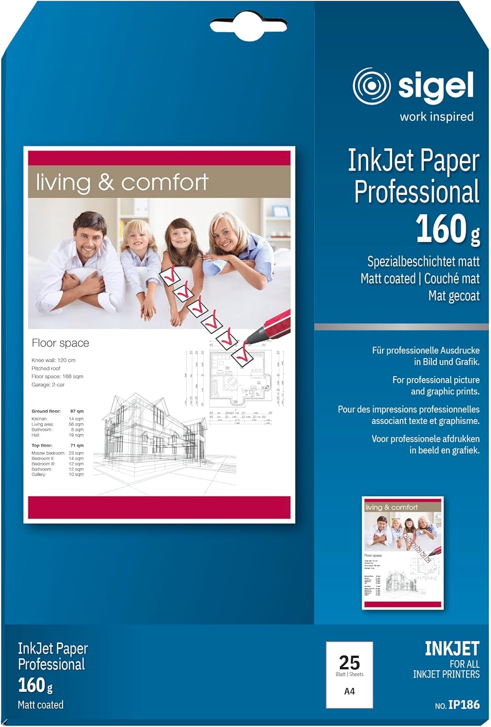 SIGEL IP186 Inkjet Paper, Coated, White, 160 GSM, A4, 25 Sheets