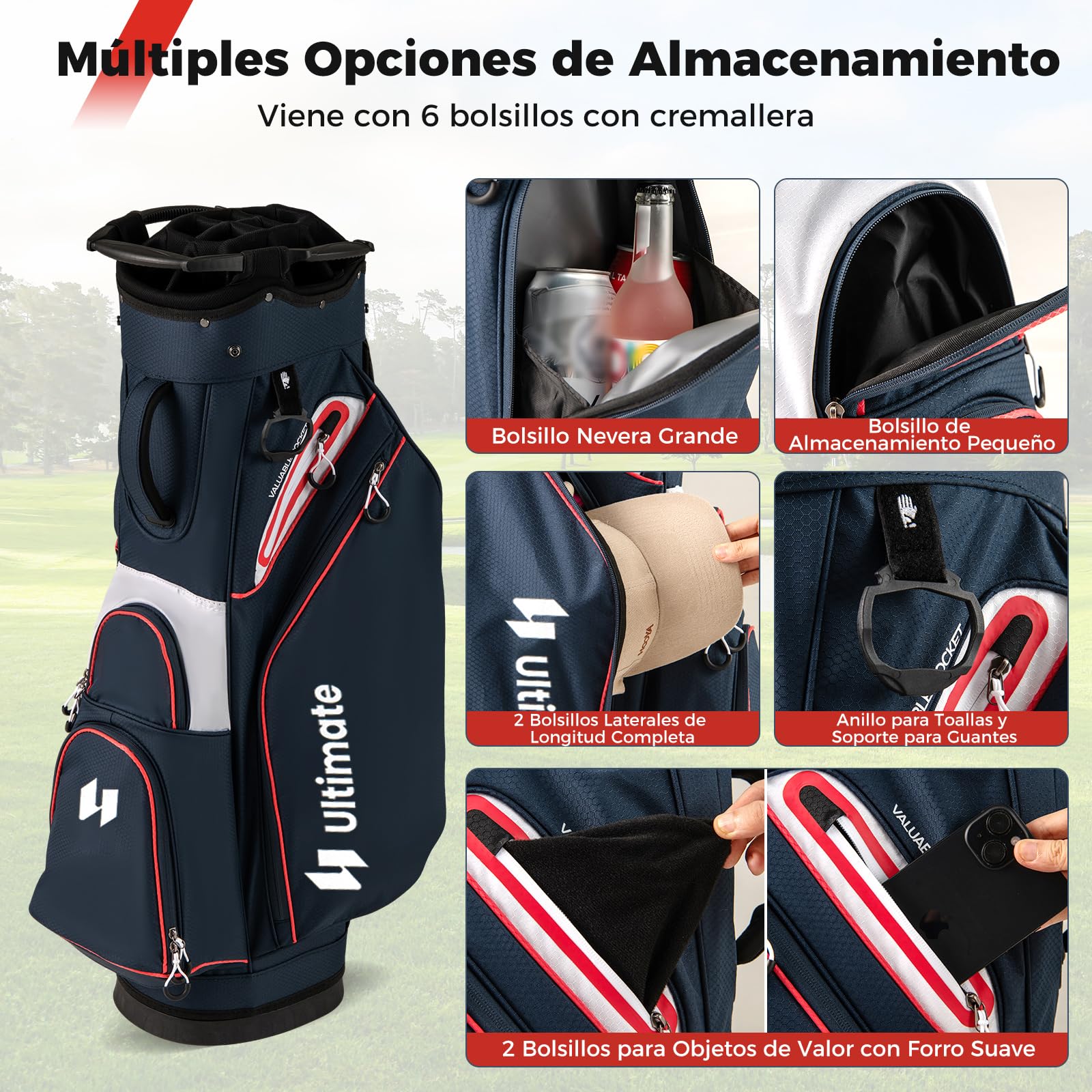 COSTWAY Bolsa Golf con 14 Divisores, Correa para el Hombro, 6 Bolsillas de Cremallera, Nevera de Bolsillo, Bolsa de Carro para Palos de Golf Hombres y Mujeres