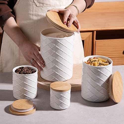 Miniatura 6 de Sweejar Juego de recipientes de cerámica para encimera de cocina, tarro de almacenamiento de alimentos con tapa de bambú, recipiente apilable para