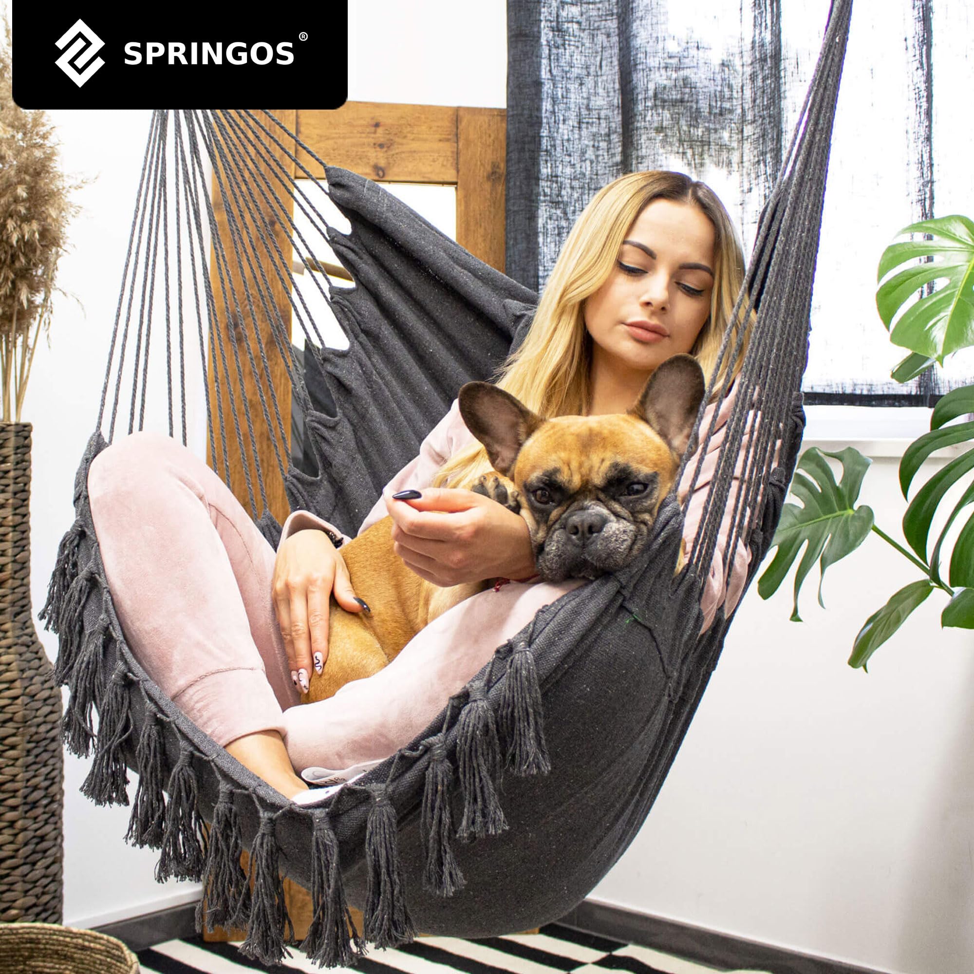 Springos® Fauteuil Suspendu Brésilien avec Coussins, Charge Max 150 kg, Fauteuil balançoire Boho en Coton/Polyester avec Cadre en Bois, Gris foncé, Poche latérale, Parfait pour Jardin