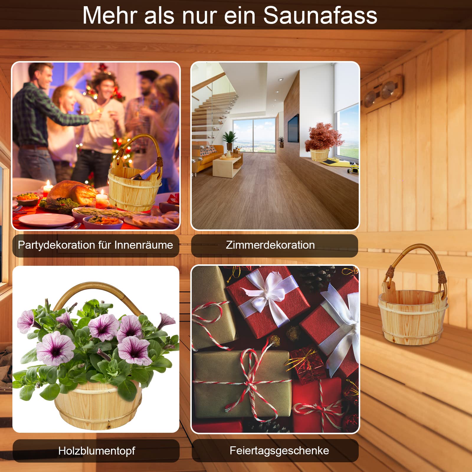 Seau en Bois pour Sauna Set avec Insert en PVC, Accessoires de Sauna de Haute Qualité - avec Louche, Sablier, Thermo-hygromètre - 4 Litres