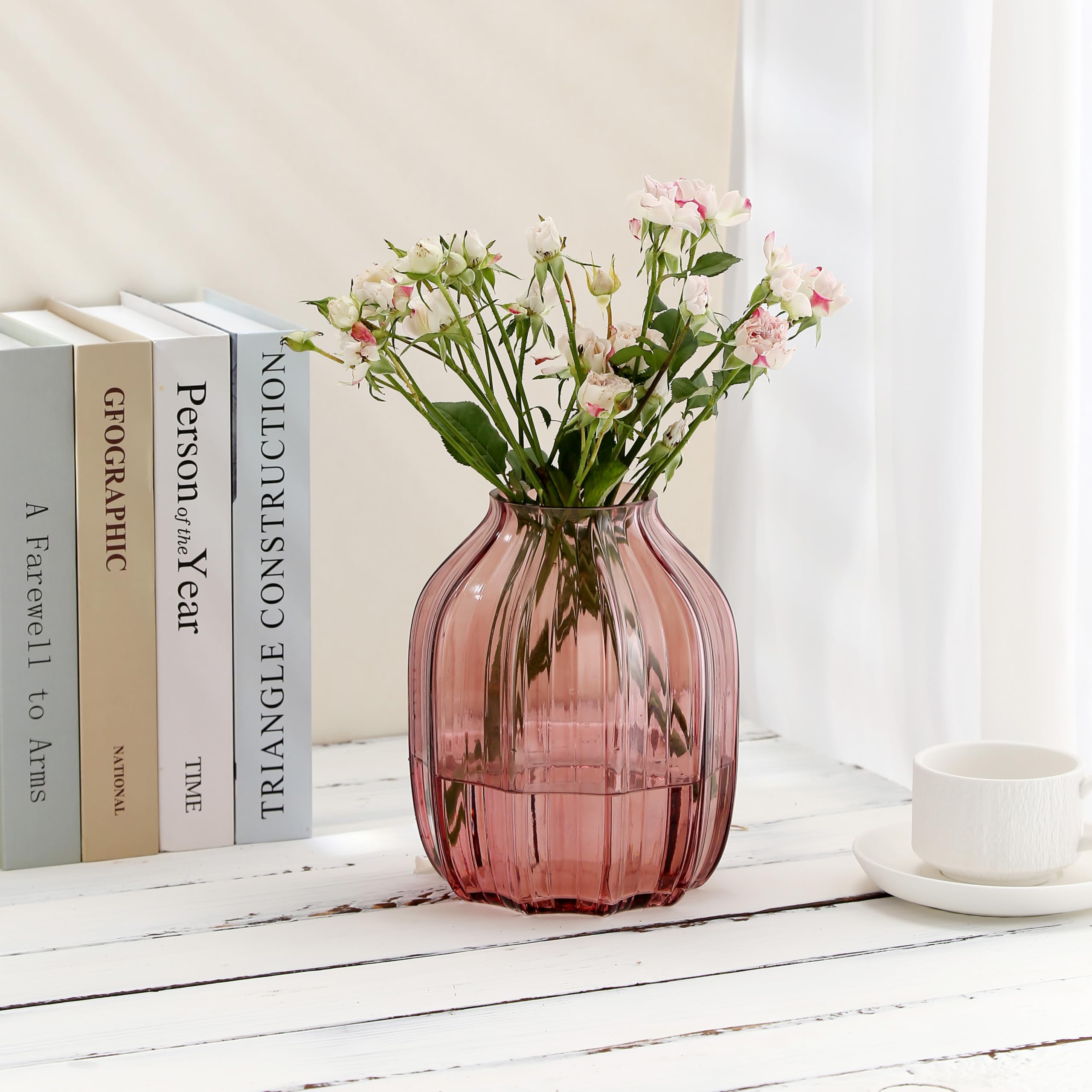 JAKY Global Large Pink Vase Glass Flower Vase H-20cm Tall Glass Vases for Flowers Elegant Home Living Room Decor,Table Centerpiece for Farmhouse and Office(Pink 20cm) - Image 3