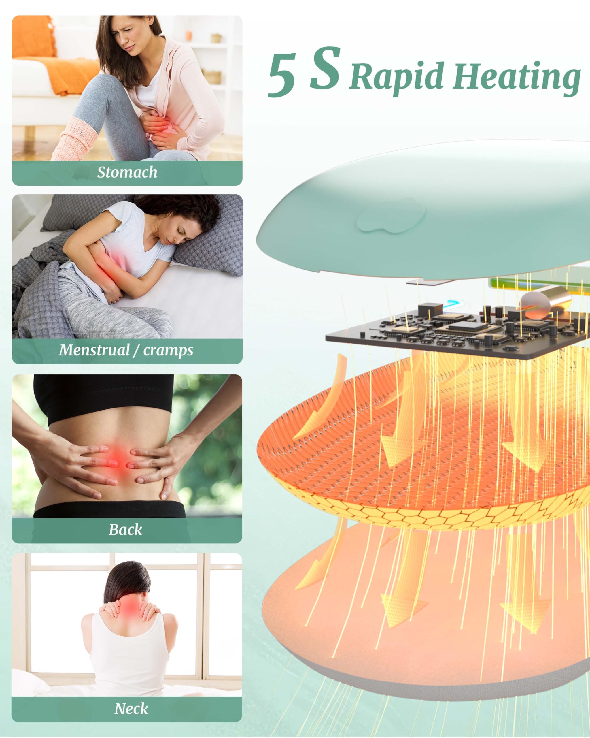 Heat Pad for Period Pain Relief Upgraded 6 Heat Massage Modes Electric Fast Heating Pad for Lower Back Pain Cramp Heated Belt Menstrual Rechargeable USB Heating Pad Gifts for Women Girls Her Green - Image 2