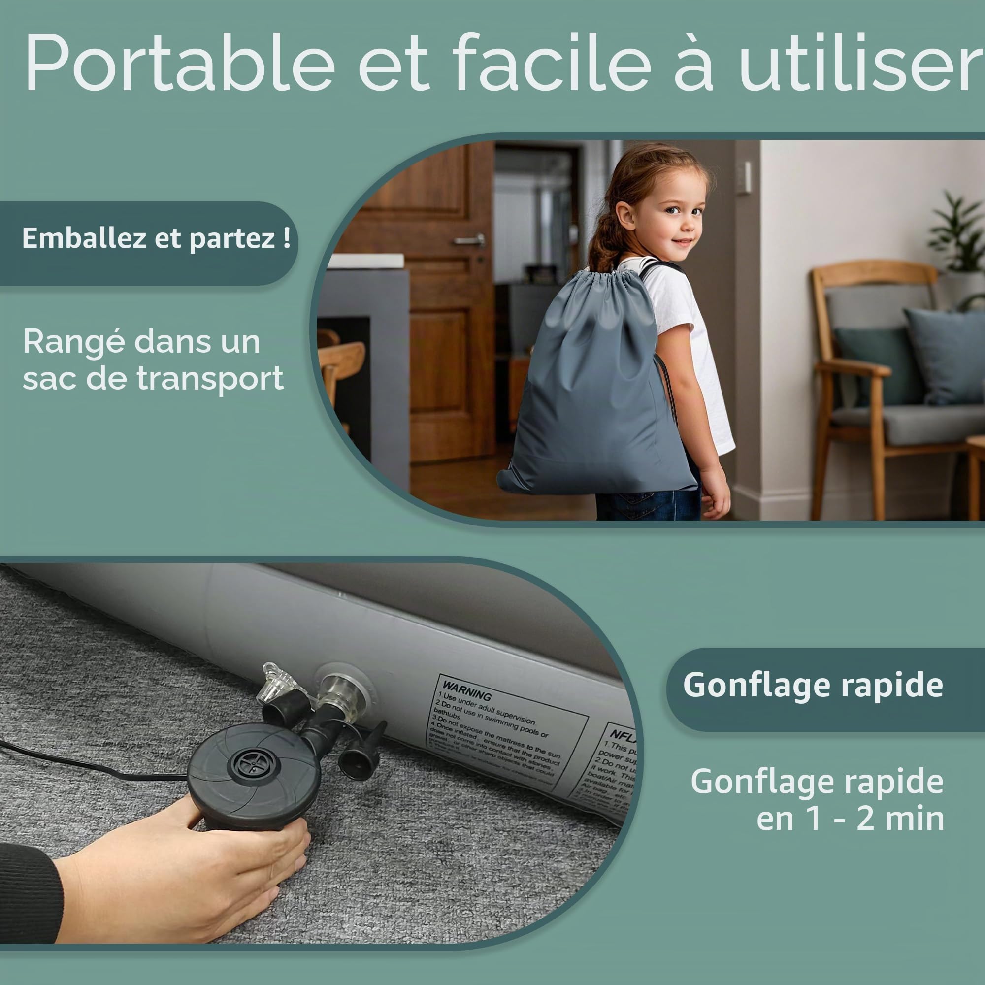 GloTika Matelas gonflable portable Lit de voyage pour tout-petit Avec pare-chocs de sécurité Idéal pour voyages et utilisation à la maison