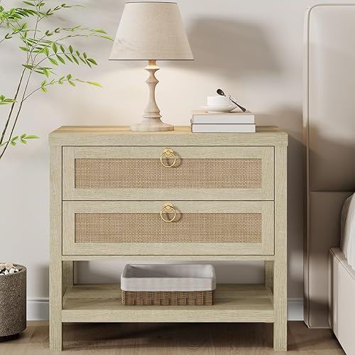 Large Rattan Night Stands：Boho Nightstand with Drawers and Storage Shelf,