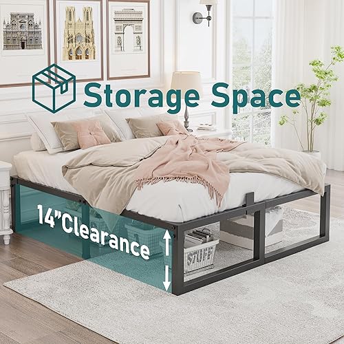 Miniatura 51 de Marco de cama de tamaño matrimonial, soporte resistente de 14 pulgadas, plataforma de metal de 3500 libras, no necesita somier, sin ruido,