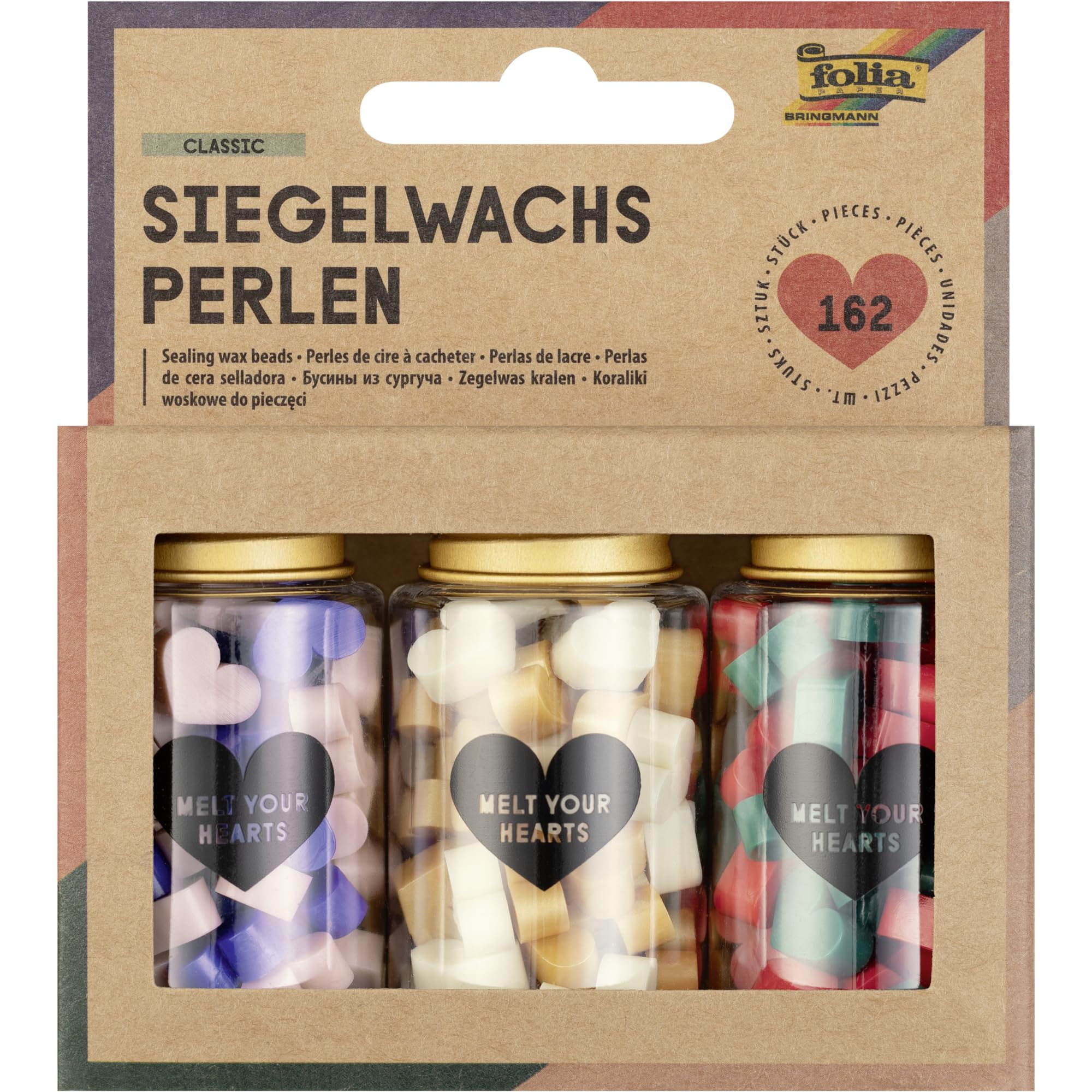folia Classic 31419 Sealing Wax Beads, 162 Wax Beads in 6 Classic Colours, 3 Jars, 54 Beads Each with 3 Assorted Colours, for Decorating Letters and Gifts