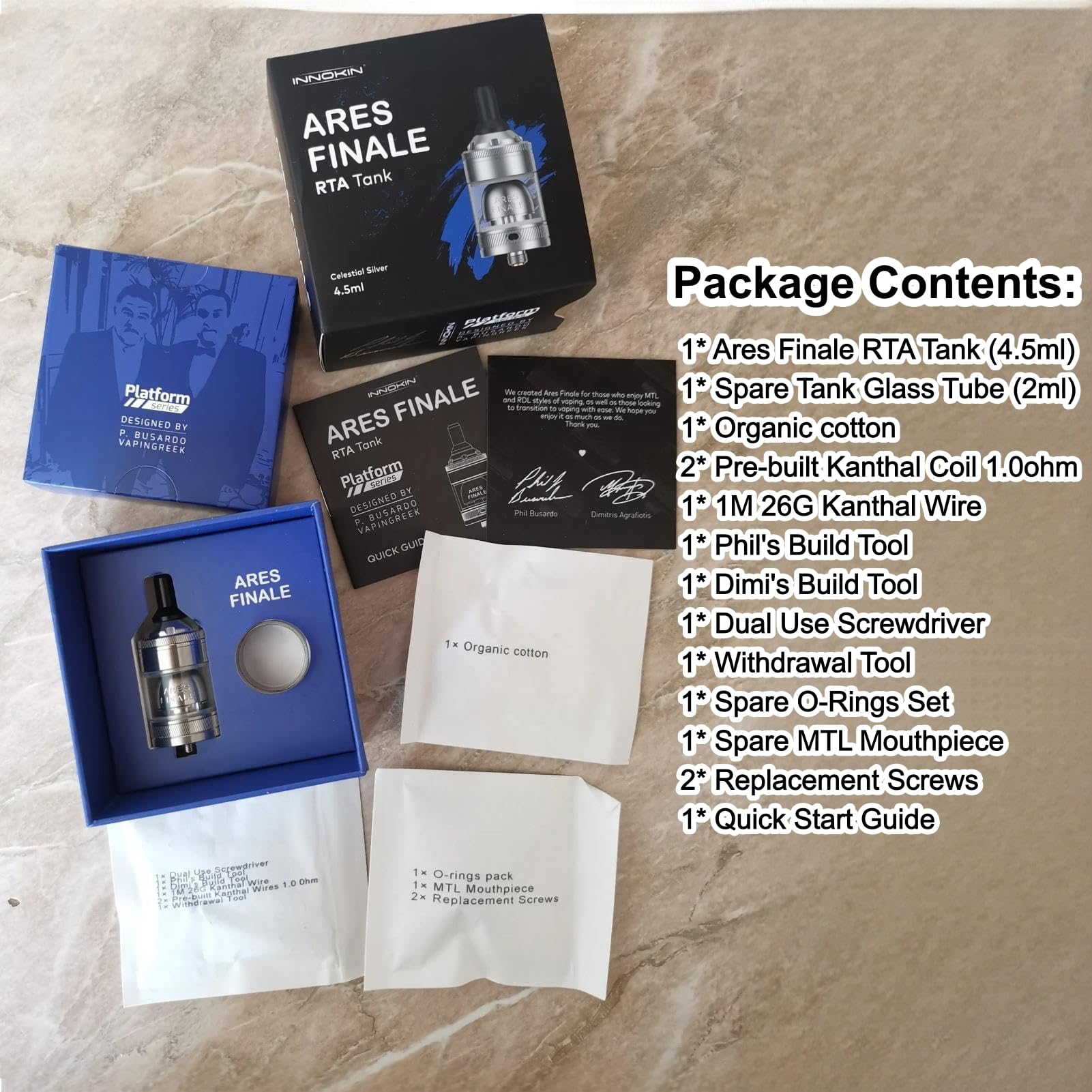 Innokin Ares Finale RTA Tank 4,5 ml Ø24.5mm (Argent) 5-40 W Recharge quart