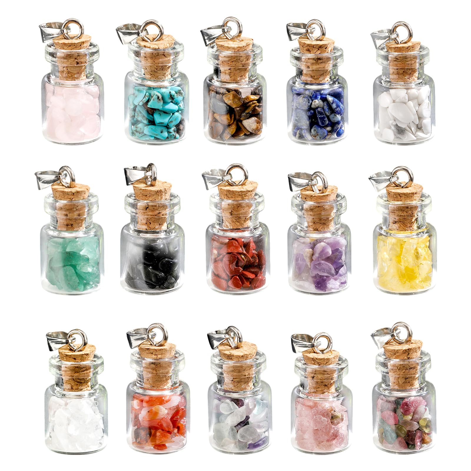 CHSEEO 15 Pack Crystals Bottles with Cork, Crystal Chips & Gemstones Set, Mini Gemstones – Gemstone Wishing Bottles for Meditation, DIY Jewelry, Home Decoration, Energy Balancing