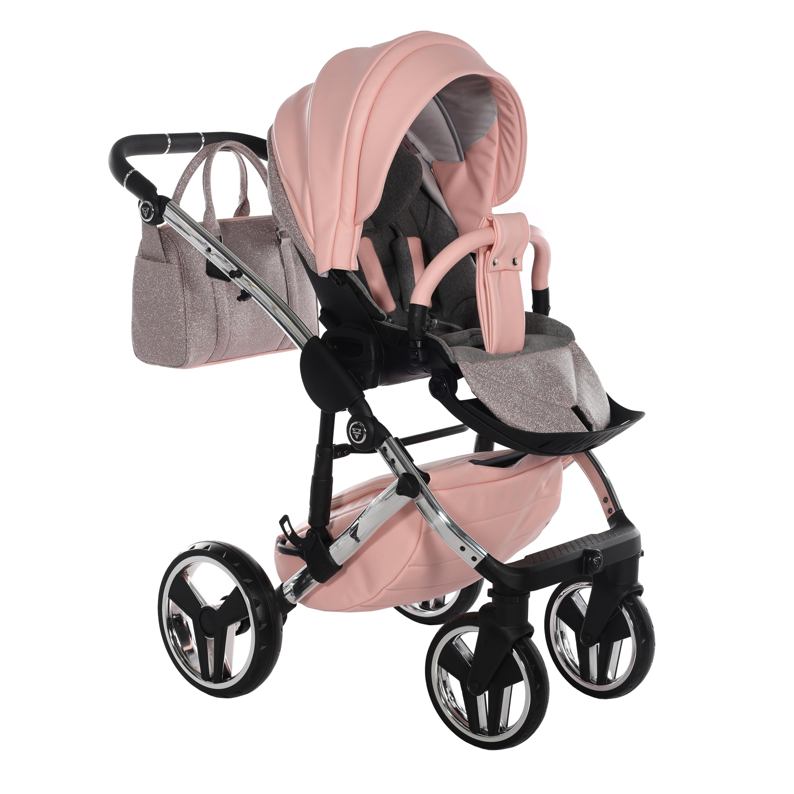 Junama Passeggino TRIO Hand Craft Glitter 01 Rosa e Argento - 2in1 3in1 4in1 + ombrellino (4 in 1 con Base ISOFIX)