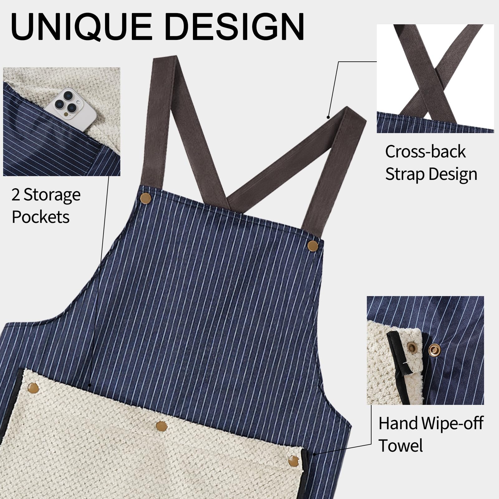 Tabliers unisexes à rayures avec serviette à main Tabliers de cuisine imperméables et anti-huile à bretelles croisées dans le dos pour femmes et hommes (avec 1 serviette à main de rechange)