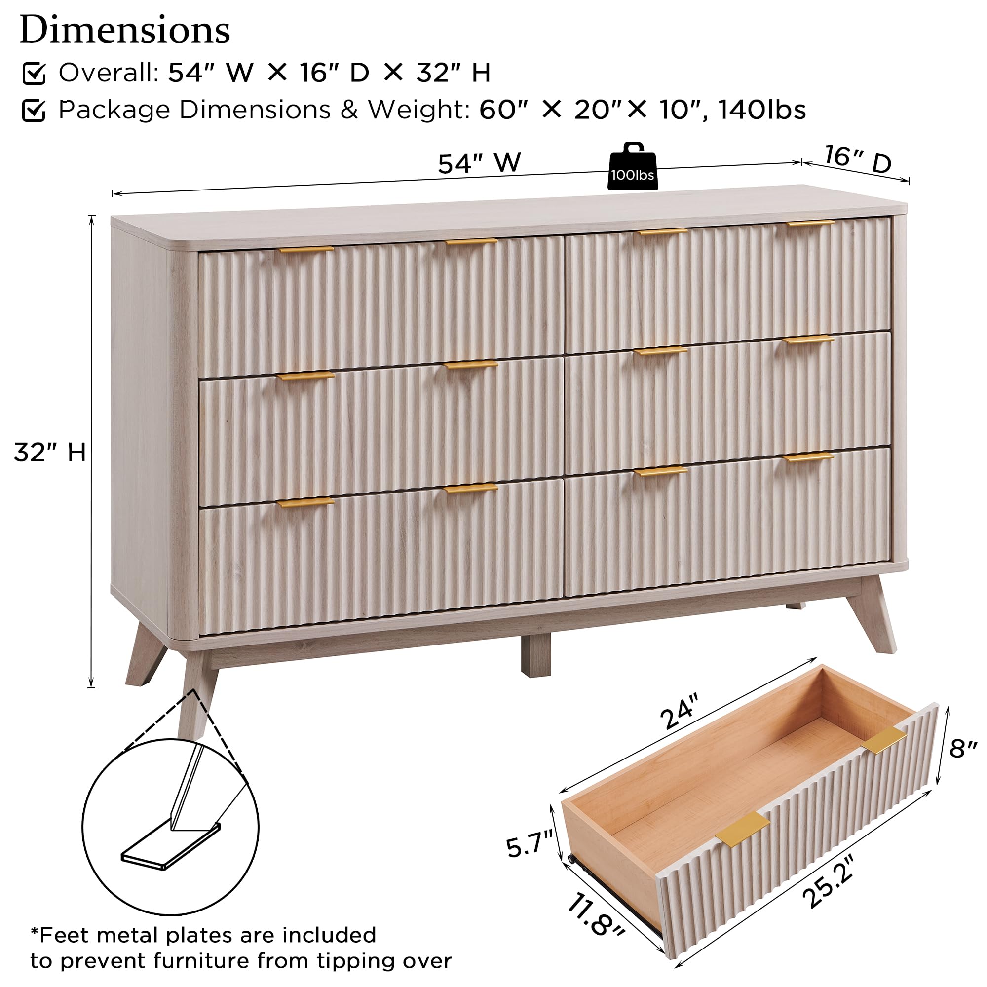 Amazon.com: T4TREAM Fluted 6 Drawers Dresser, 54