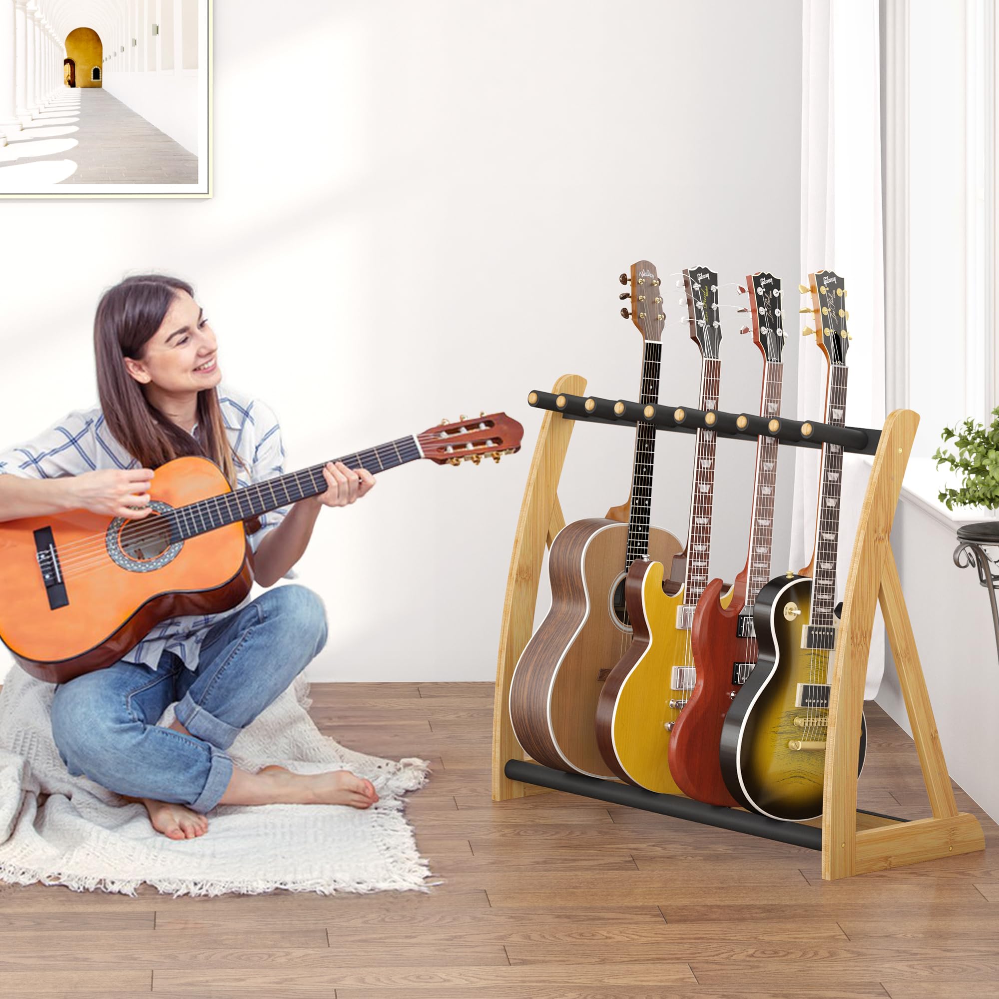 Gitarrenständer, Gitarrenständer für mehrere Gitarren, Boden für Elektro-, Akustik-, Bassgitarren und Koffer, faltbar, verstellbar, schützend mit rutschfester kratzfester Polsterung, für Zuhause