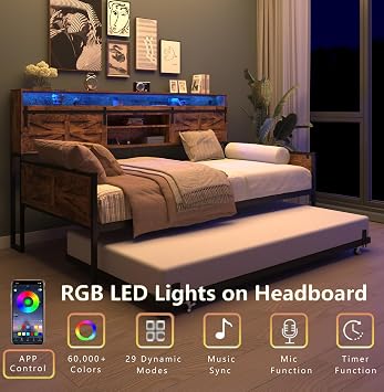 Daybed with Trundle, Farmhouse Sofa Bed Frame with Charging Station and LED Lights, Height Adjustable Twin Daybed with Storage Headboard, for Living Room, Bedroom and Guest Room, Brown