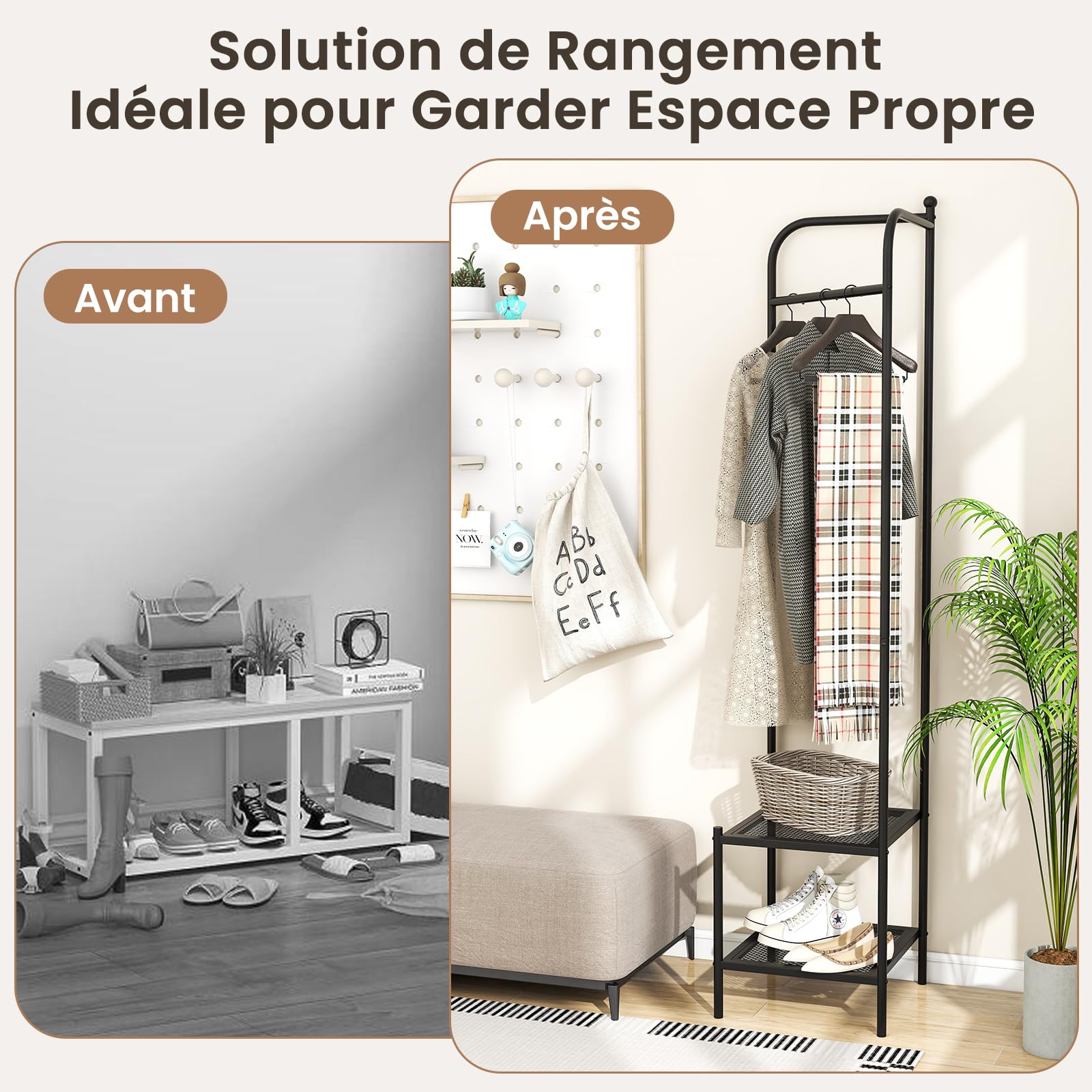 COSTWAY Porte Manteau sur Pieds, Portant a Vetement Solide avec Cintre Supérieur et 2 Étagères en Maille, Kits Anti-Basculement, Vestiaire d'Entrée, Hauteur 193,5 cm, pour Entrée, Chambre (Noir)