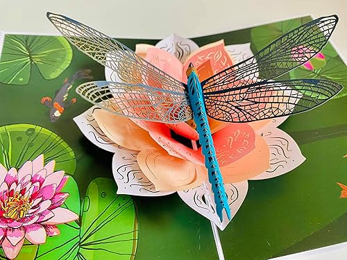 Miniatura 7 de Juego de 2 tarjetas desplegables de libélula, tarjetas emergentes 3D de feliz cumpleaños, tarjeta desplegable 3D de libélula y loto o peonía,