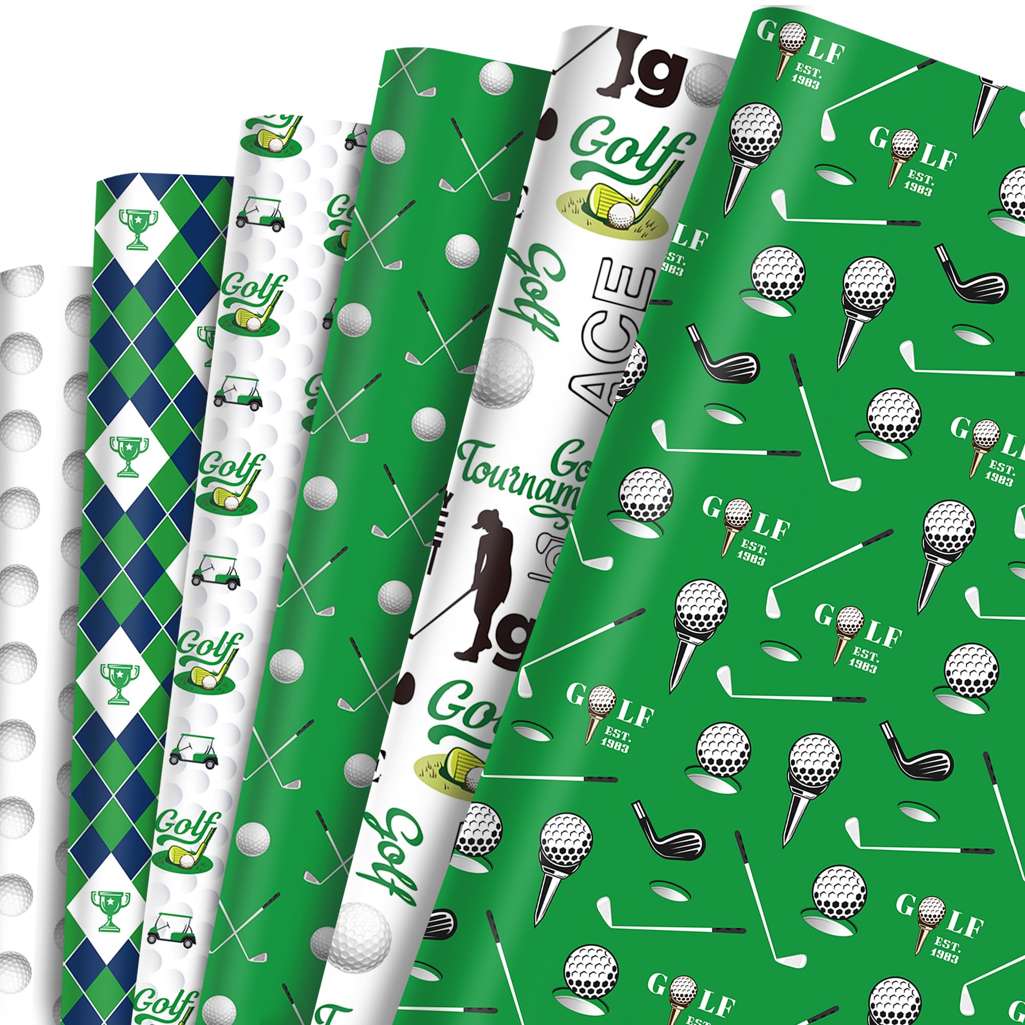 12 Sheets of Golf-Themed Gift Wrapping Paper Featuring A Teal Diamond Pattern and Adorned With Golf Club,Ball, and Cart Designs. Perfect for Birthdays, Father'S Day, and Parties
