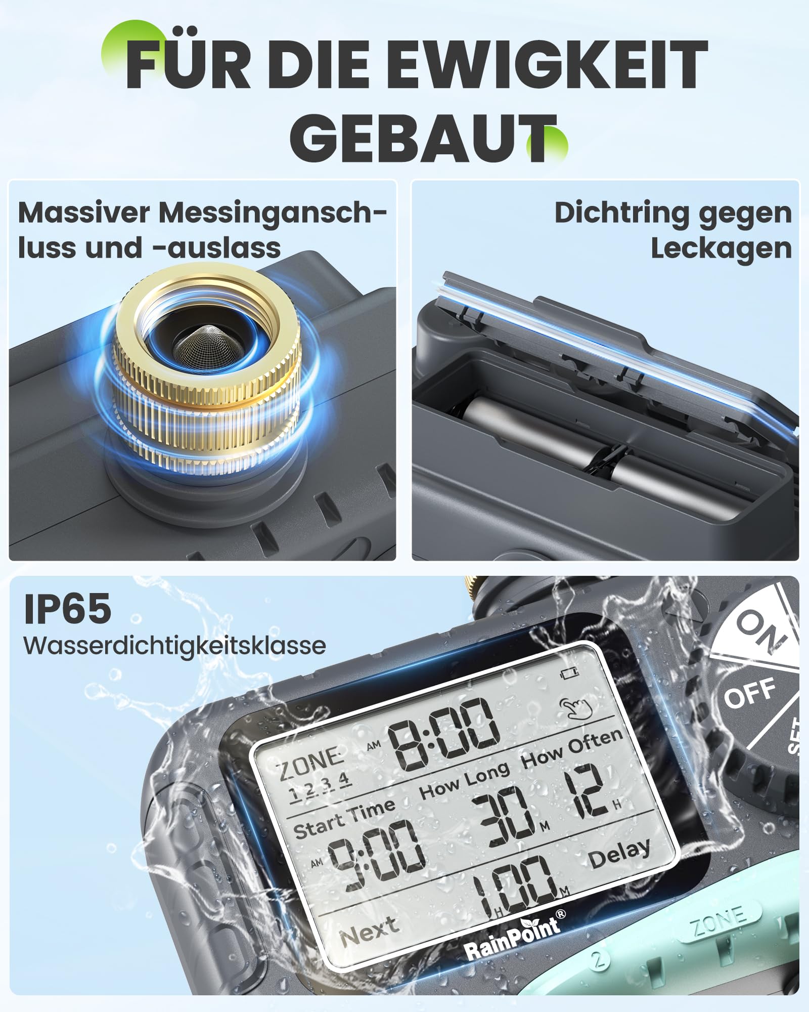 RAINPOINT Bewässerungscomputer 4 Ausgänge, Messing Einlass und Auslass, IP65 Wasserdicht Wasserzeitschaltuhr mit Regenverzögerung/Manueller Bewässerung, Automatische Bewässerung für Rasen und Garten