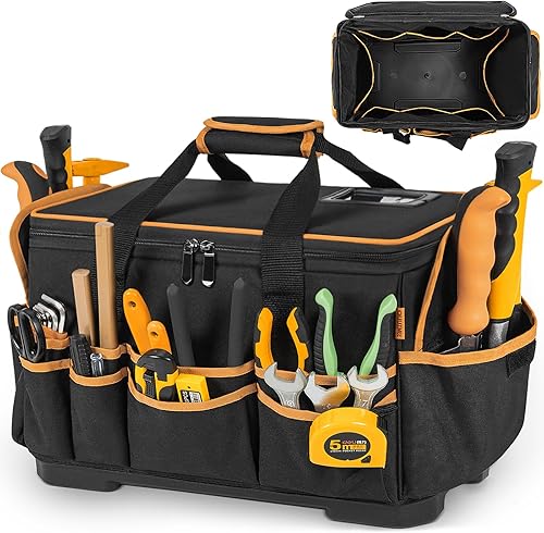 Miniatura 1 de Bolsa de herramientas de 16 pulgadas con parte inferior dura impermeable, organizador de caja de herramientas grande con múltiples bolsillos,
