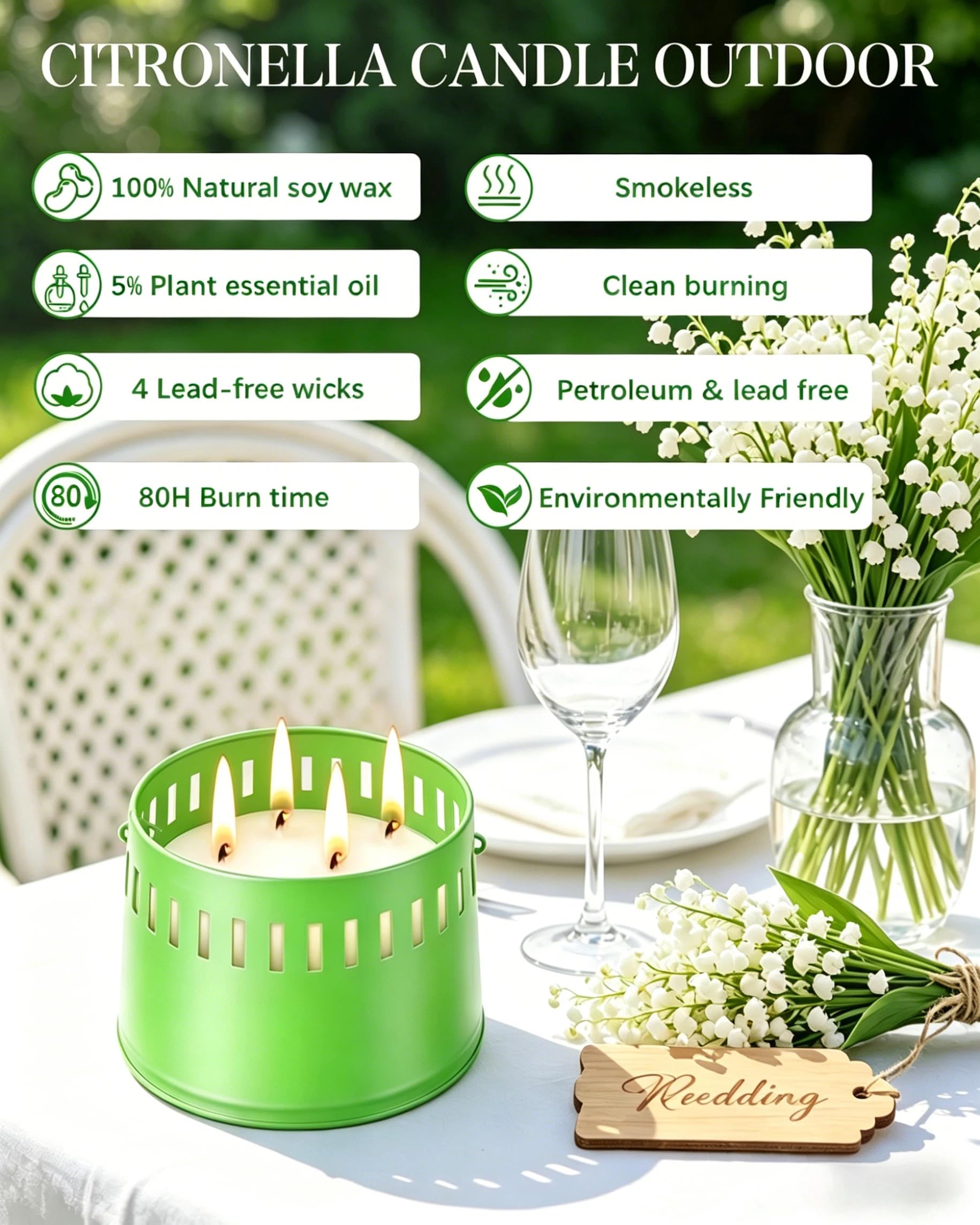 Grande Candela Citronella 4 Stoppini 80 Ore 100% Naturale per Esterno Giardino Campeggio