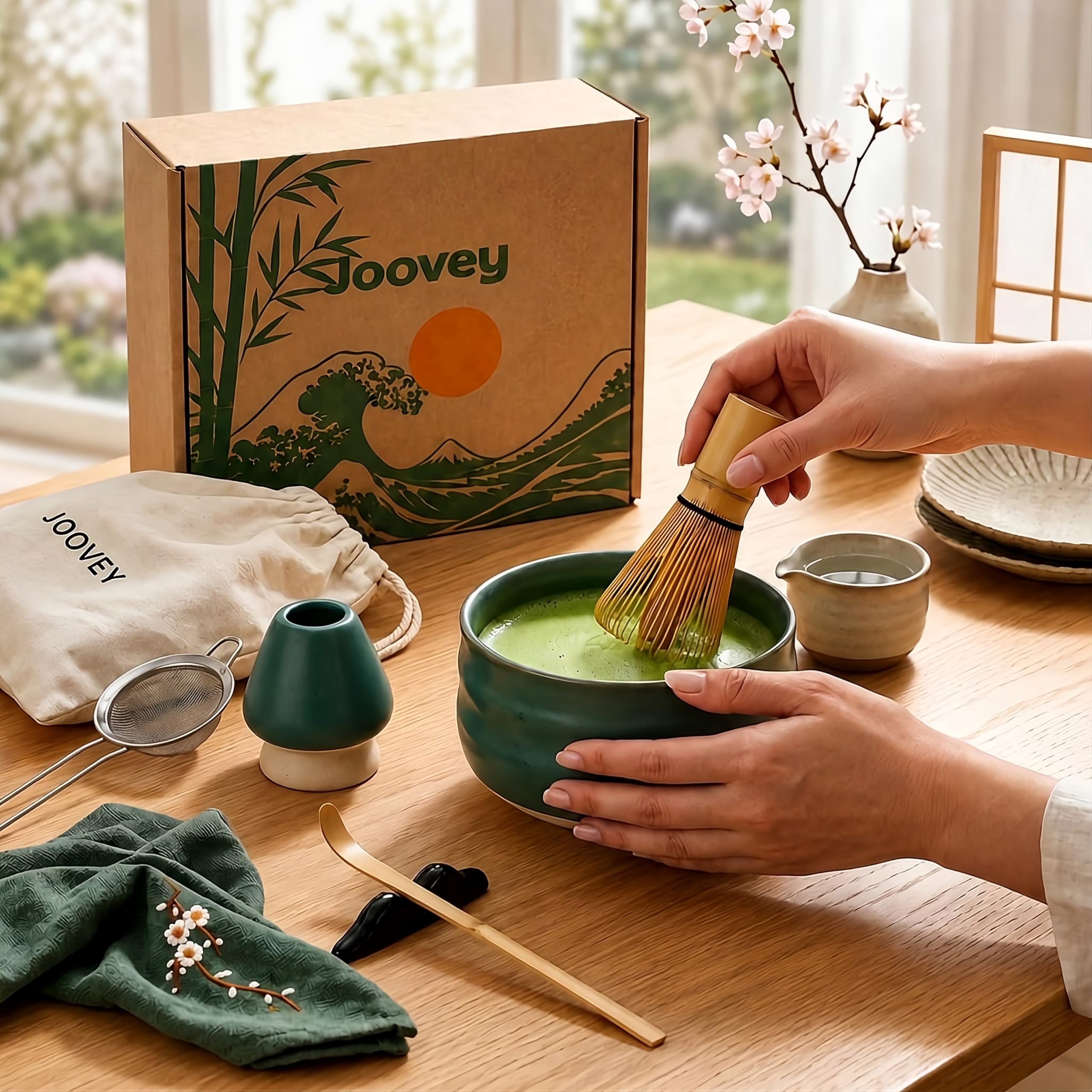 Te Matcha Kit Ceremonial Completo 8 Piezas – Bowl Cerámica 500 ml, Batidor Bambú Natural y Tamiz de Malla Fina – Kit Te Matcha Premium para Preparar Té Matcha Tradicional Japonés