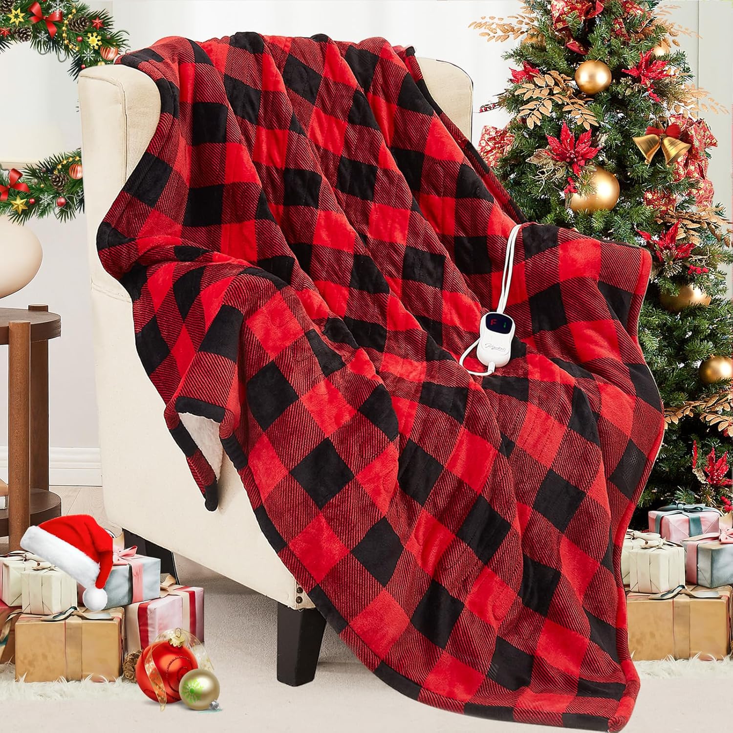 Homemate Electric Blanket Heated Queen Size - 84“x90“ Ultra Soft Cozy Flannel Heating Blanket with 10 Fast Heat Levels 8 Hours Auto Off Over-Heated Protection ETL Certification Keep Warm in Home Red-black 84"x90"Inch