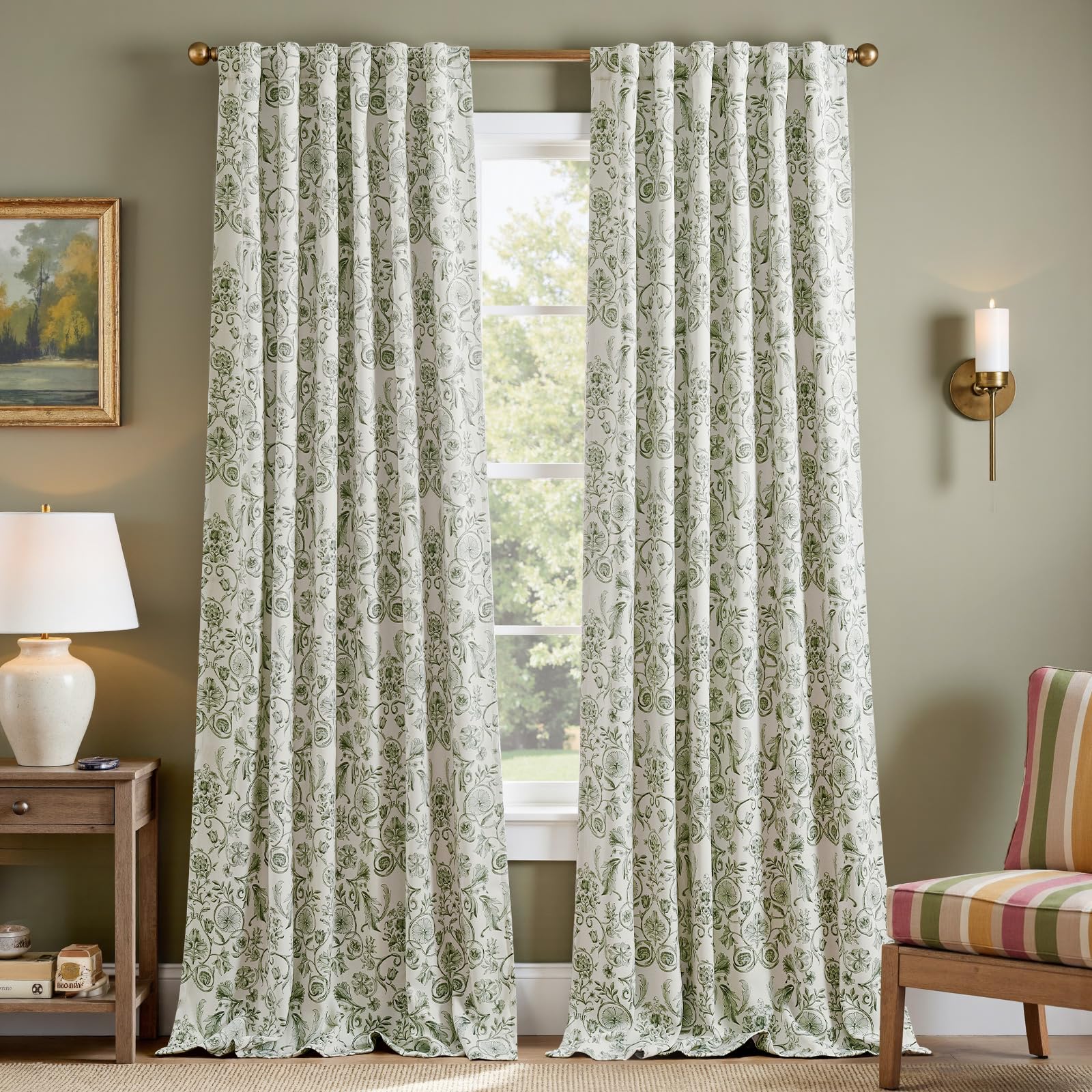 jinchan Green Floral Blackout Curtains 96 Inch Farmhouse Back Tab 2 Panels