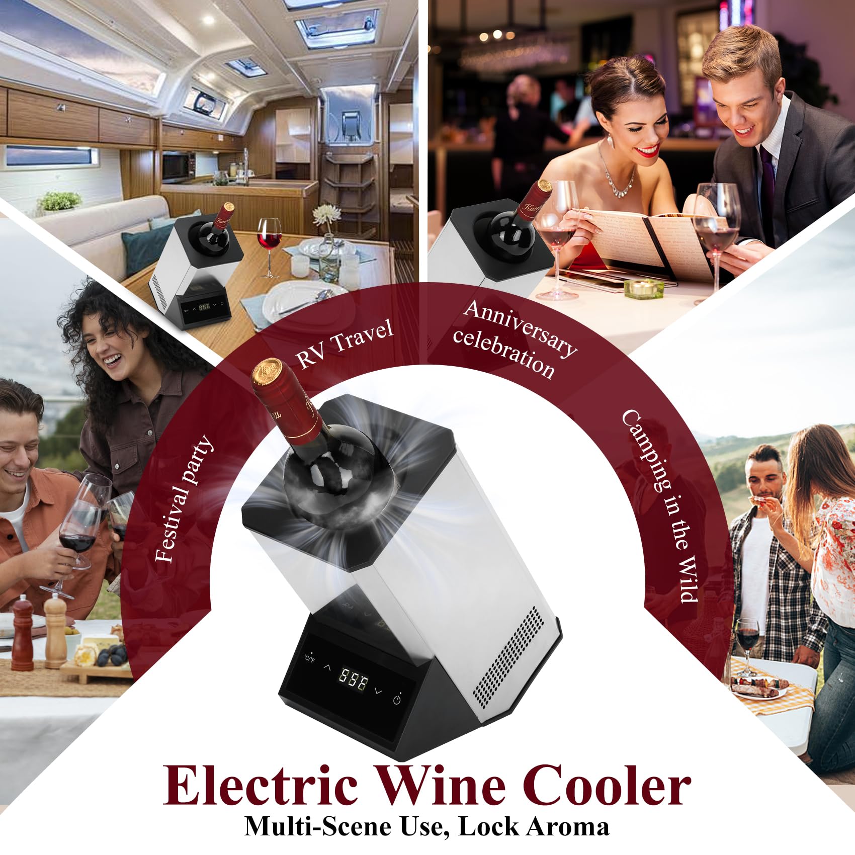Enfriador de vino eléctrico de una sola botella, enfriador portátil sin hielo de alta calidad de 24 horas, acero inoxidable para vino/champán de 750 ml, esencial para fiestas en el patio trasero