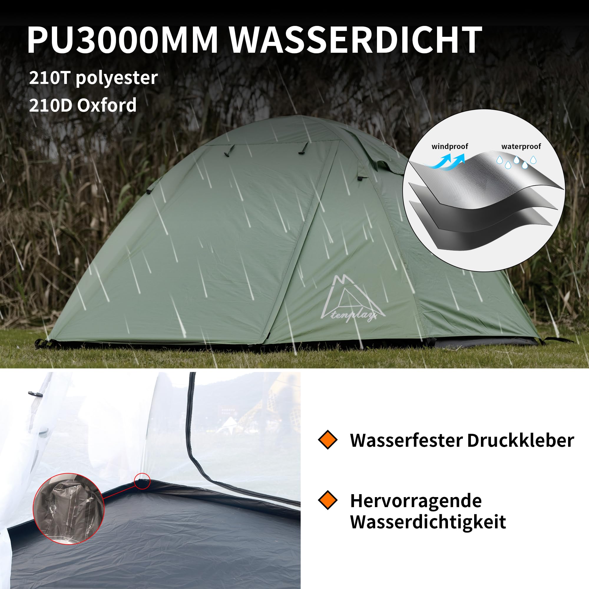 TENPLAY 2-Personen-Zelt, leicht, 2,5 kg, wasserdichtes PU3000 mm, winddichtes, Doppellagiges Campingzelt, 2 Türen, einfacher Aufbau für Wandern, Rucksackreisen, Bergsteigen, Jagd, Wandern