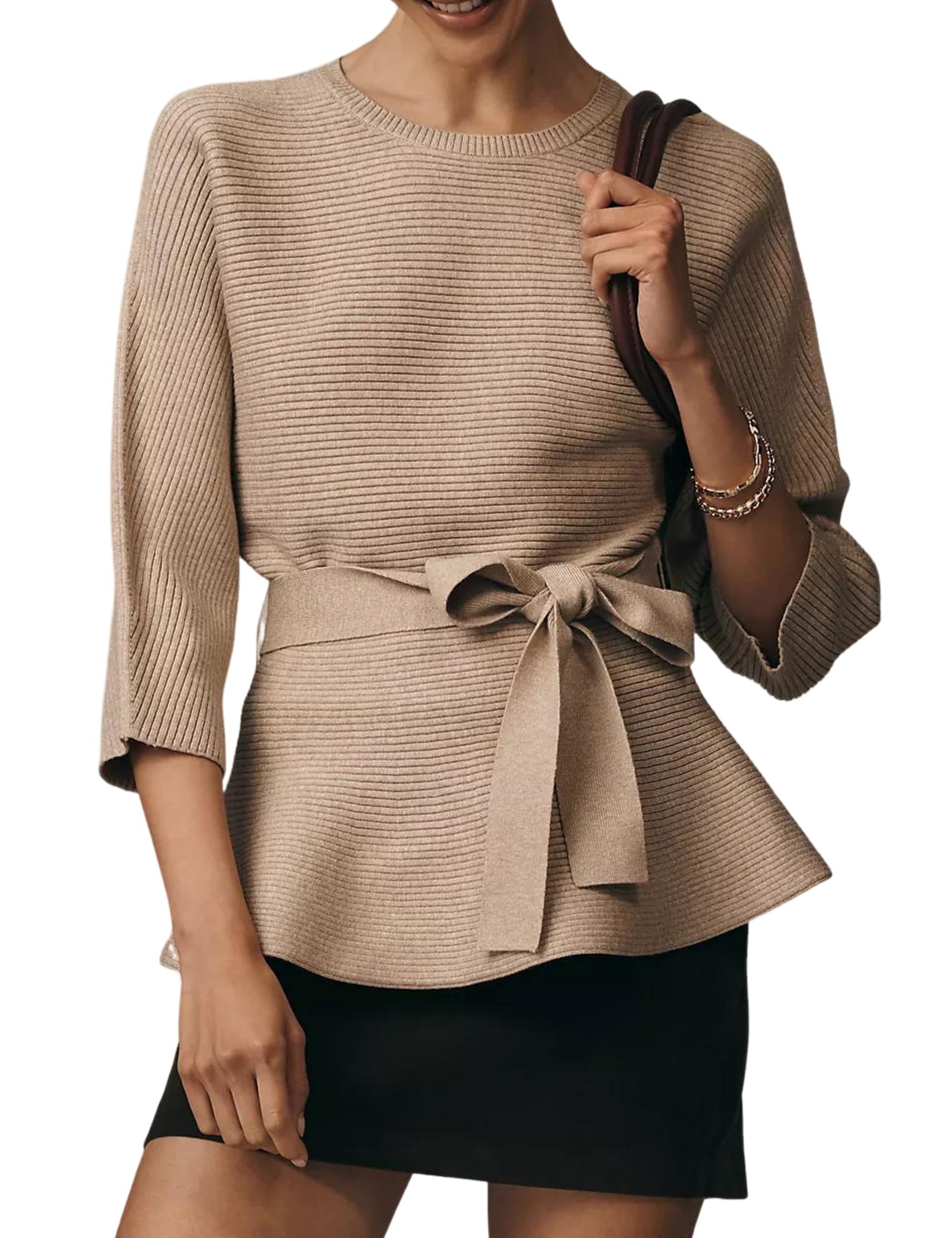 Yeokou Womens Ribbed Belted Sweater 3 4 Sleeve Crew Neck Pullover Tunic Top Fall Winter Casual Loose Fit