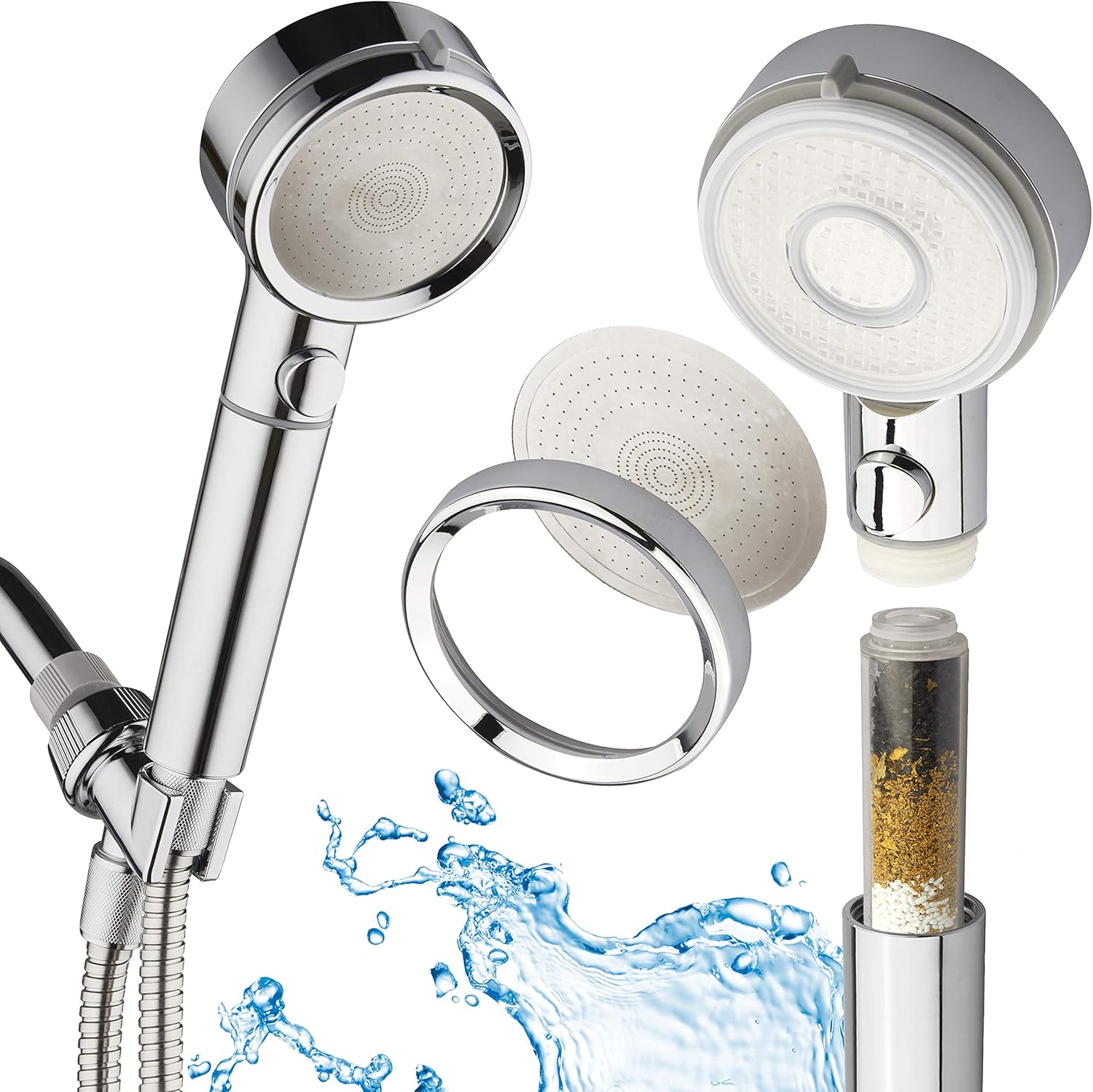 Dream Spa LaserJet High Pressure Luxury Handheld Shower Head with Dual Water Filters, ON-OFF Pause Switch, Extra-long 72-inch Stainless Steel Hose & Bracket – Face Opens for Easy Cleaning