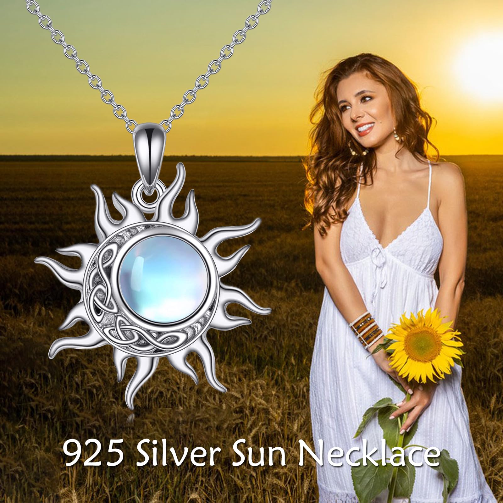 YFN Cadena de plata de ley y luna con colgante de sol y luna, joya de bruja para mujer, regalos para amantes de la naturaleza, Normal, Plata esterlina, No es una piedra preciosa