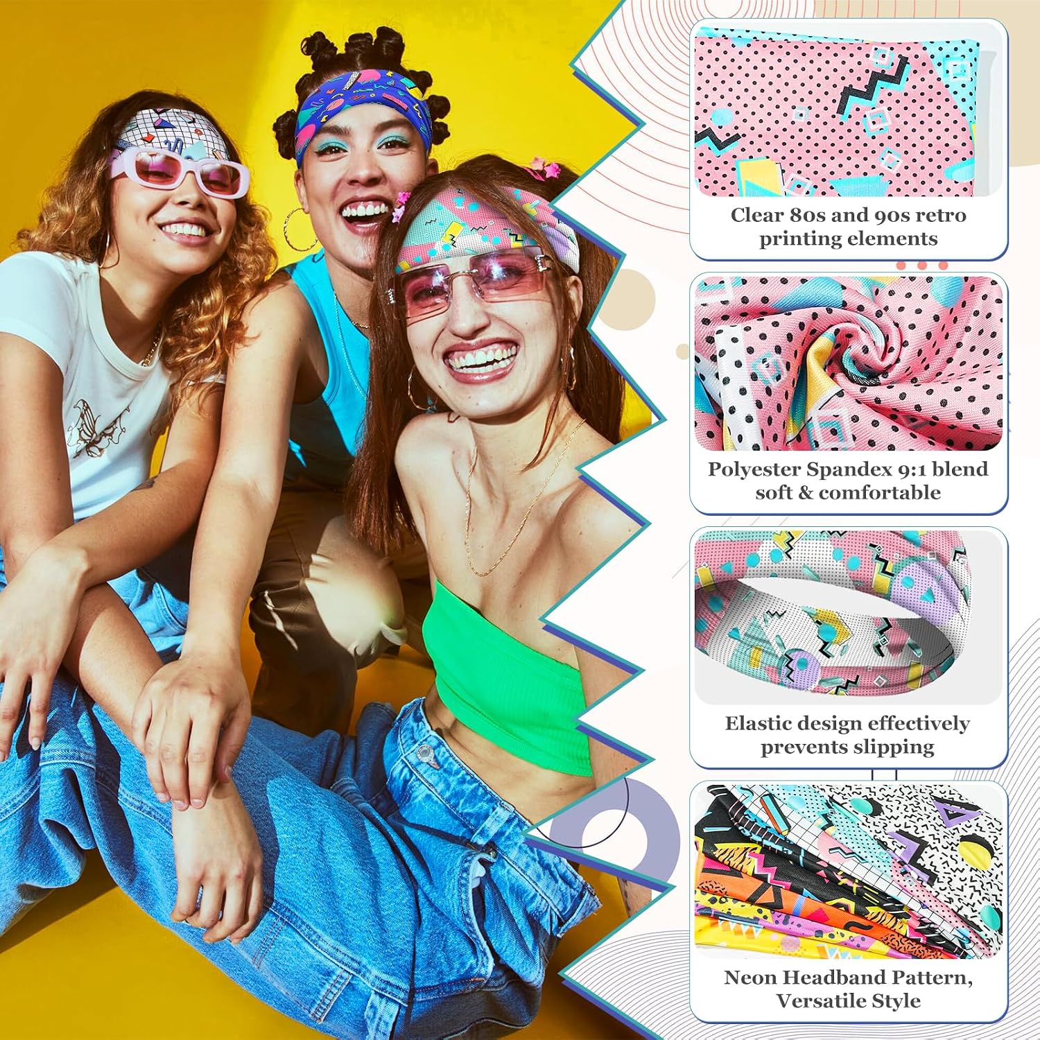 8 Pack 80s 90s Print Neon Headbands,80s Retro Accessories 90s Outfits for Women,Hairband for Masquerade Party Style Running Cycling image 4
