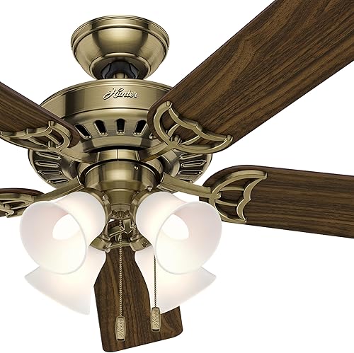 Miniatura 2 de Hunter Ventilador de techo blanco de 52 pulgadas con un kit de luces de vidrio esmerilado, 5 aspas (renovado) (latón antiguo)
