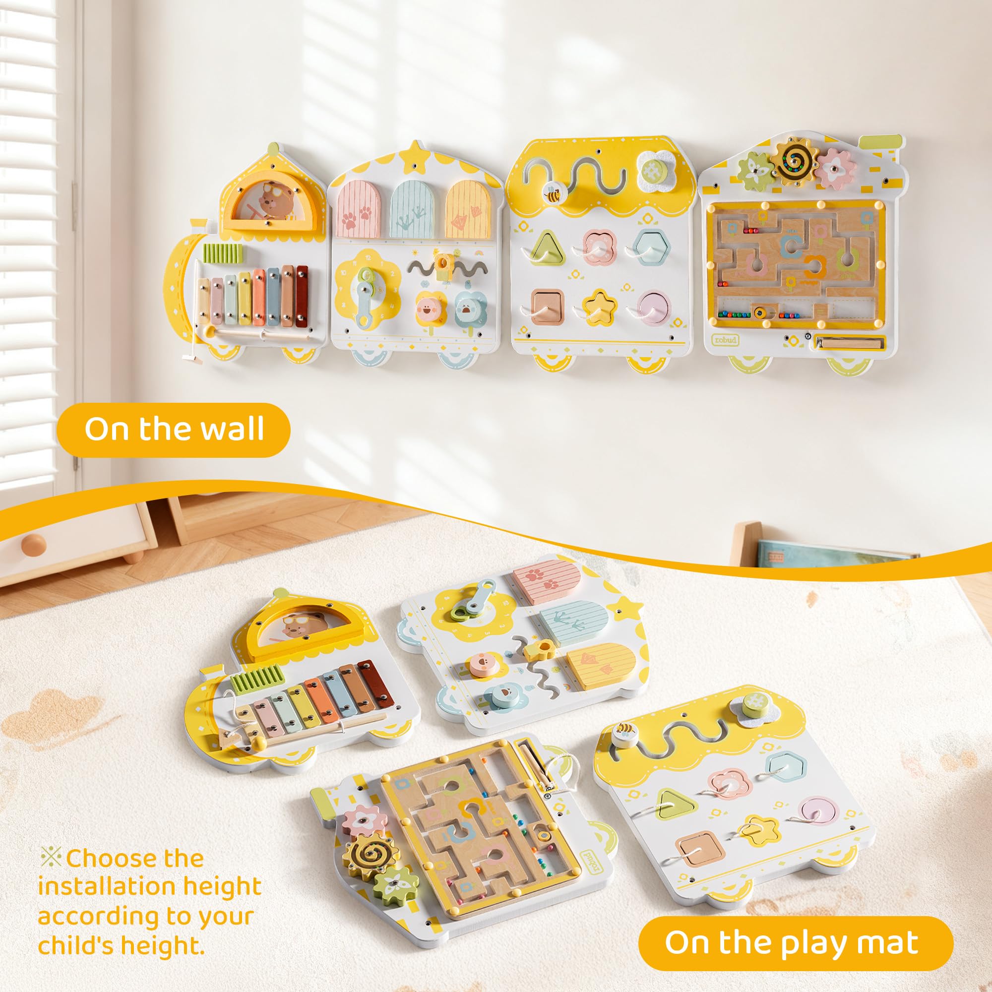 ROBUD Montessori Busy Board ab 18 Monaten – 12-in-1 Wand-Aktivitätsboard aus Holz, Lernspielzeug mit Xylophon, Trommel, Wettertafel, Uhr, Formen, Zahnrädern & Magnetlabyrinth