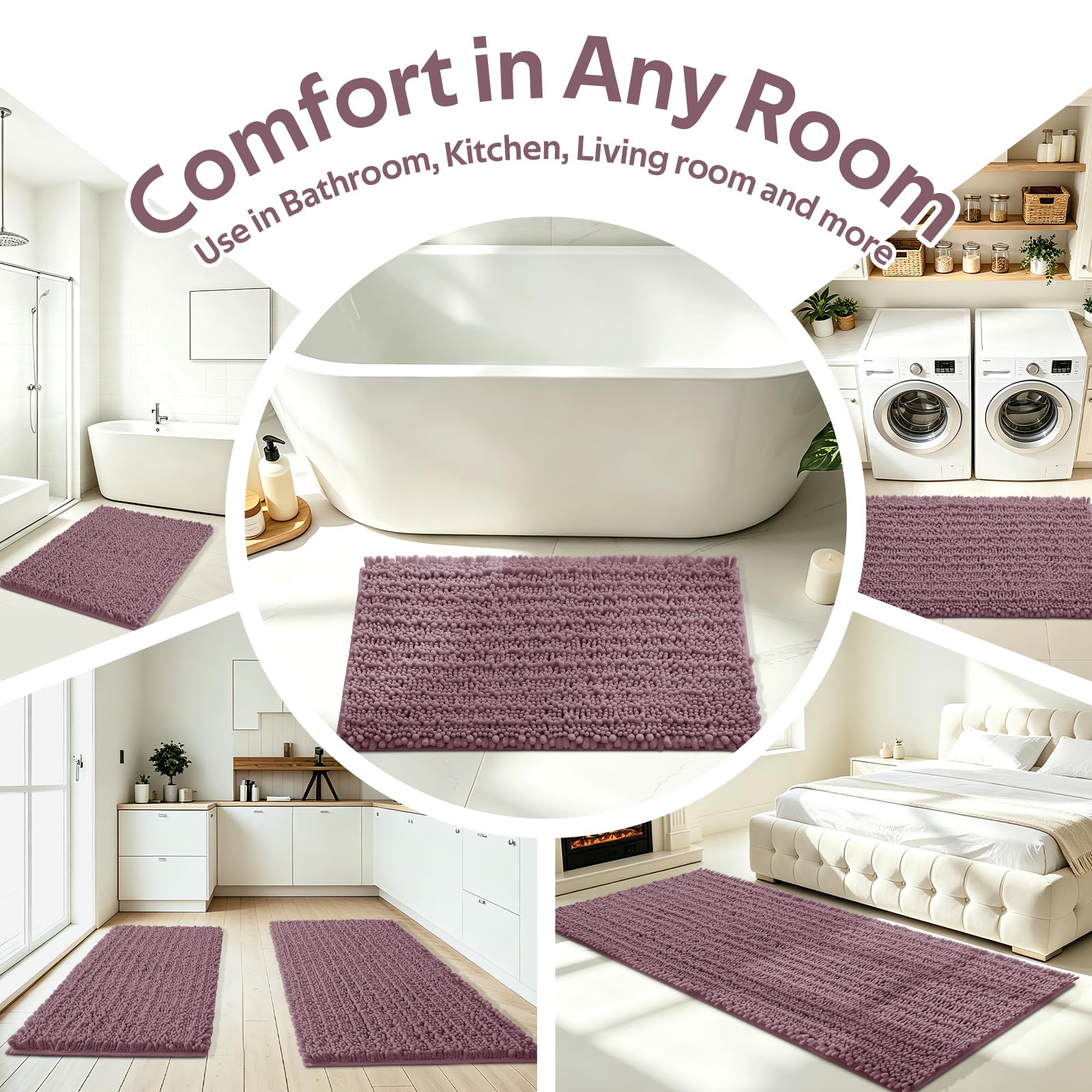 ACCUMTEK Set di 3 tappetini da bagno extra large, color malva, ultra morbidi, spessi, assorbenti, antiscivolo, in ciniglia, per bagno, camera da letto, cucina