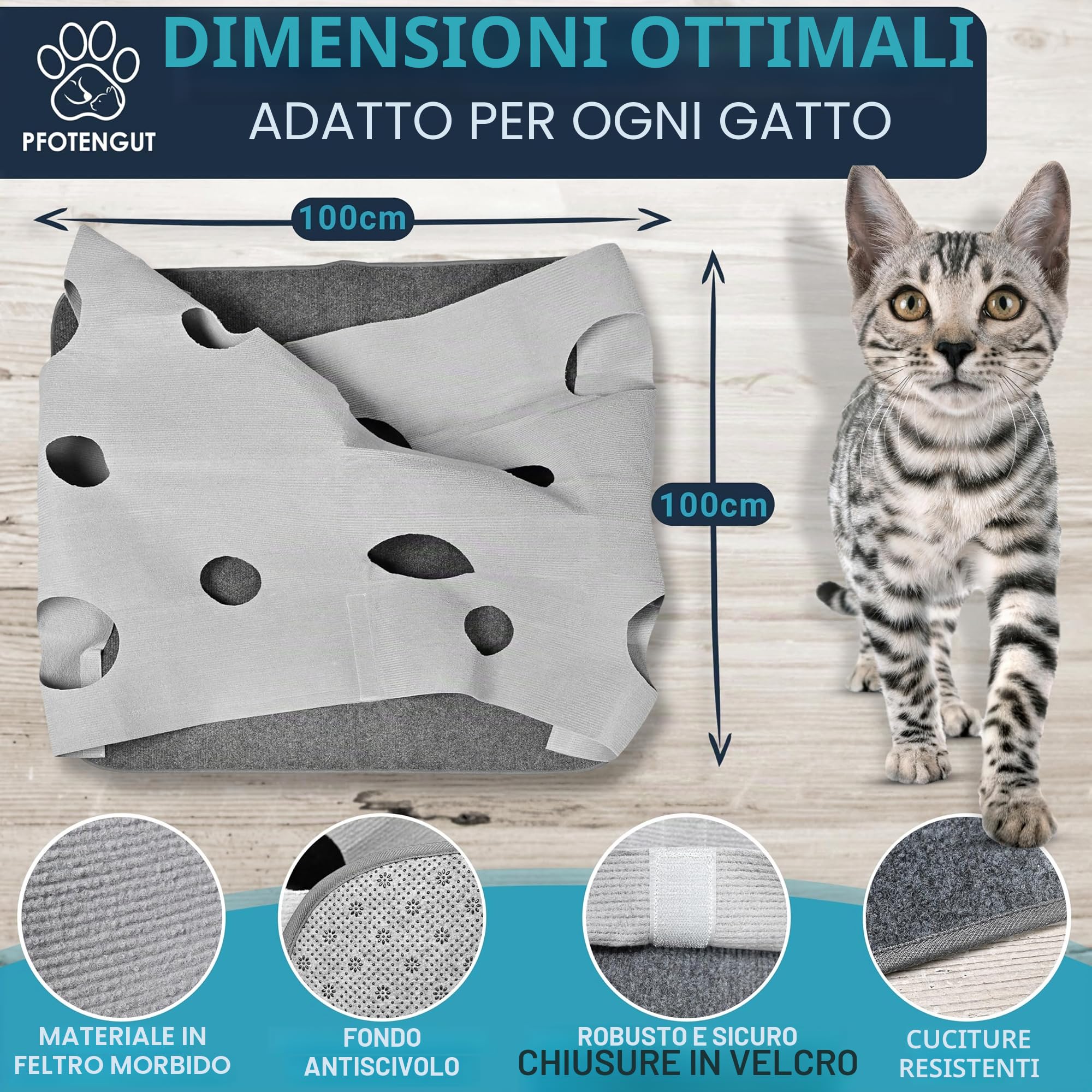 Tappeto per gatti [100 x 100 cm) – Tappetino da gioco interattivo in feltro con forme individuali per l'occupazione del tuo gatto – con accessori per giocattoli [adatto a tutti i gatti]