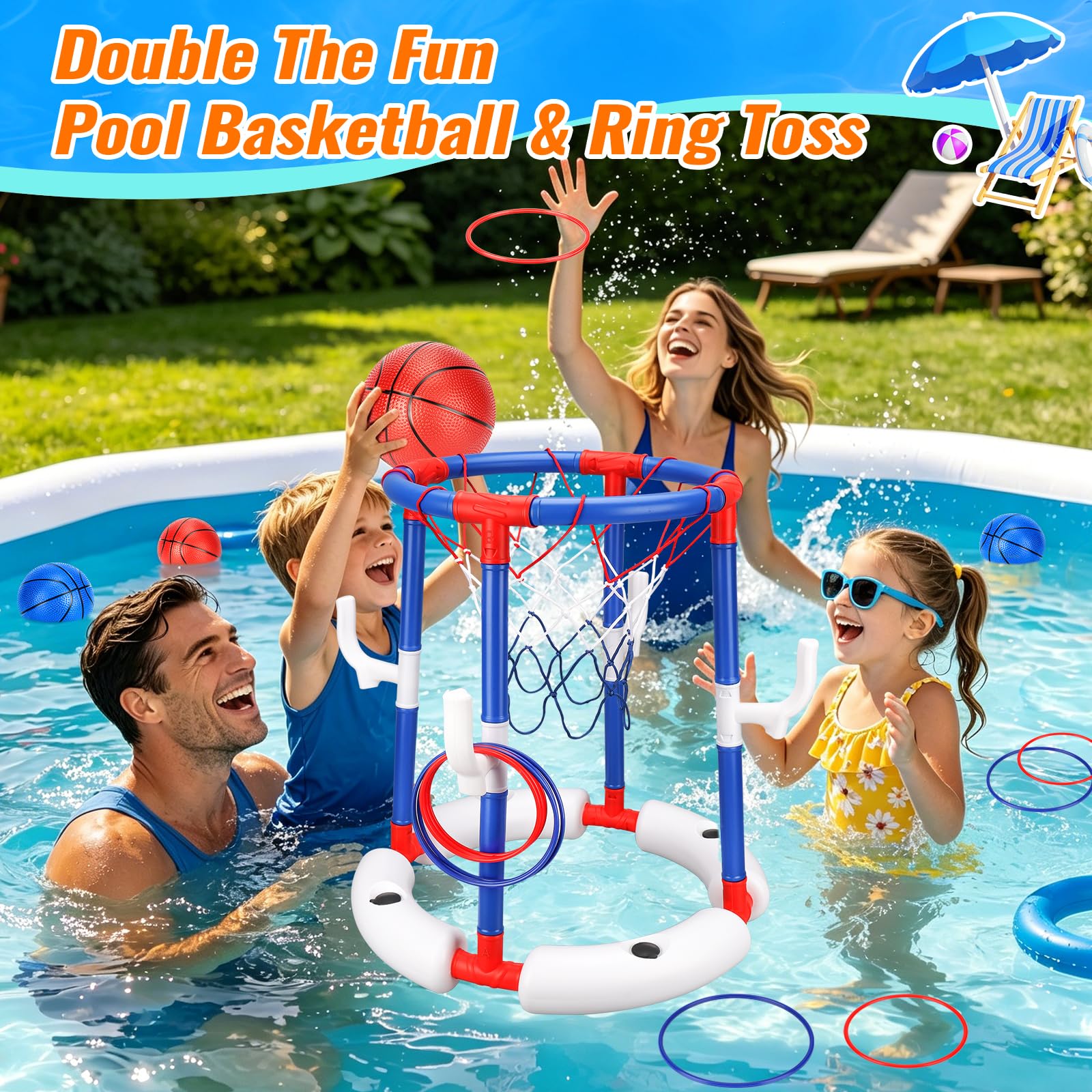 Canestro galleggiante da pallacanestro, base stabile riempibile con acqua, 2 in 1, per bambini dai 3 anni in su, include 4 palline, 6 anelli e pompa, regalo estivo per feste in piscina