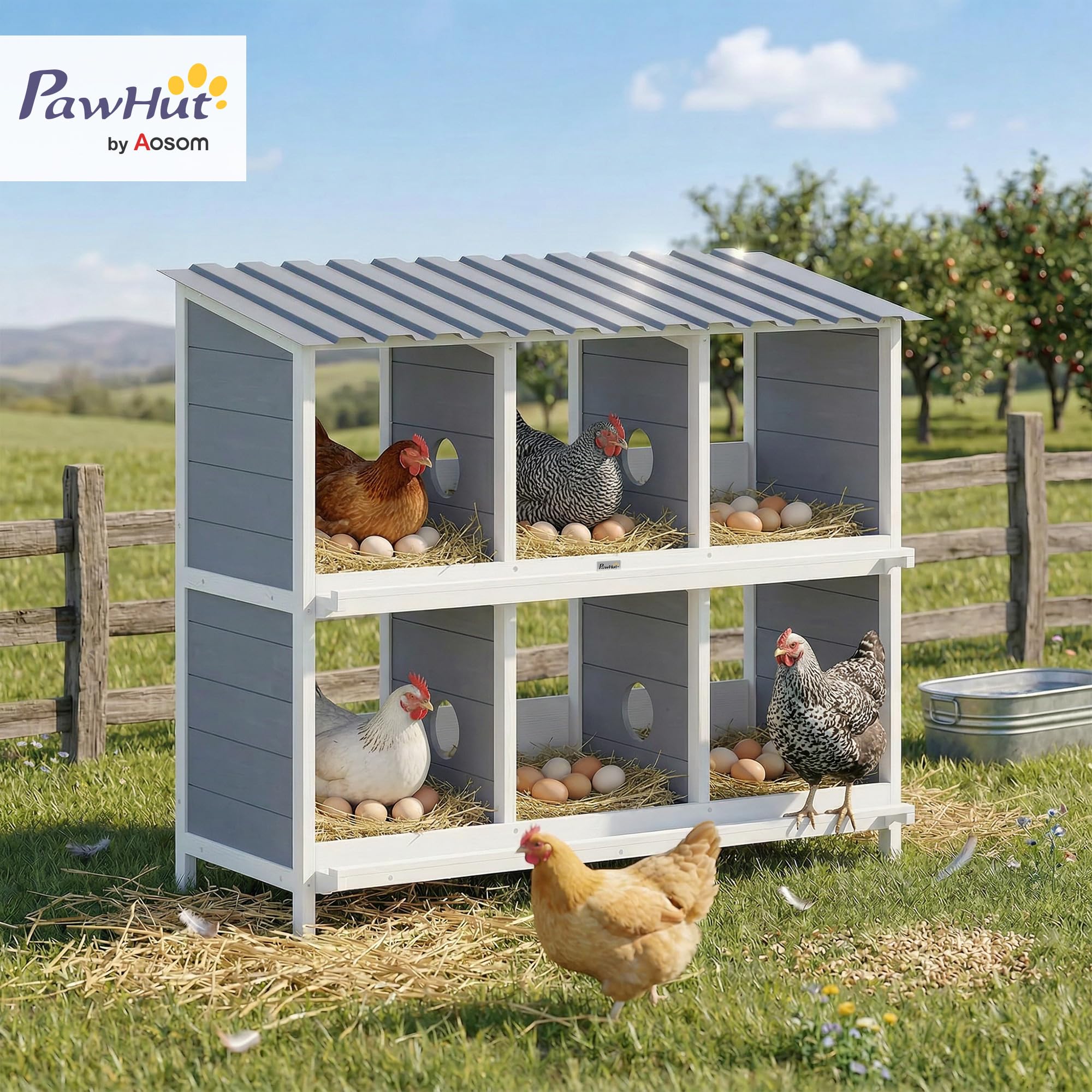 PawHut Legenest für Hühner 6 Fächer 2 Sitzstangen 102 x 50 x 91 cm, Grau