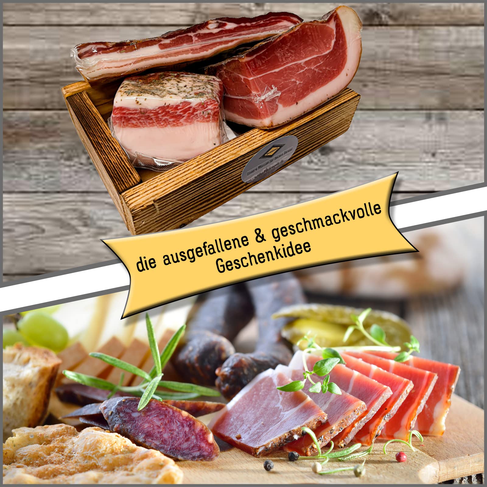 BAVAREGOLA "Speck Kistl" - Geschenkekiste mit 3 Südtiroler Speck Spezialitäten - Präsentkorb gefüllt mit Speck, Lardo & Pancetta von Viktor Kofler/Lana - Genuss Geschenk für Männer & Frauen