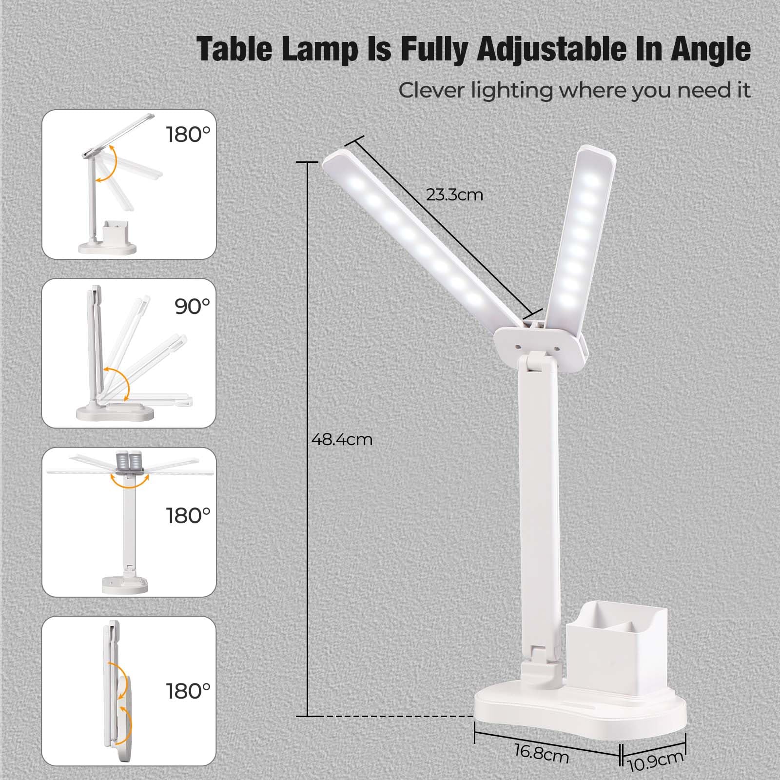 Vinabo LED Schreibtischlampe, 3 Helligkeit 3 Farben Schreibtischlampe, USB Tischlampe zum Lesen Studie Tragbar, Klappbar, Touchscreen, Dimmbar, Für Kinder, Für Schlafzimmer, Nachttisch, Schreibtisch