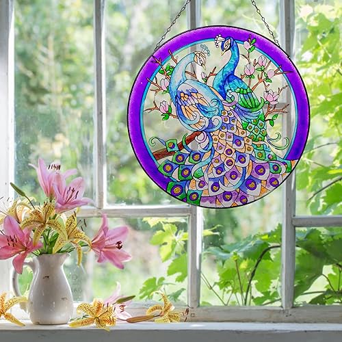 Miniatura 2 de Colgantes de ventana de cristal de pavo real de 11.8 pulgadas, decoración artística de pared de pavo real, panel atrapasoles con cadena (morado)