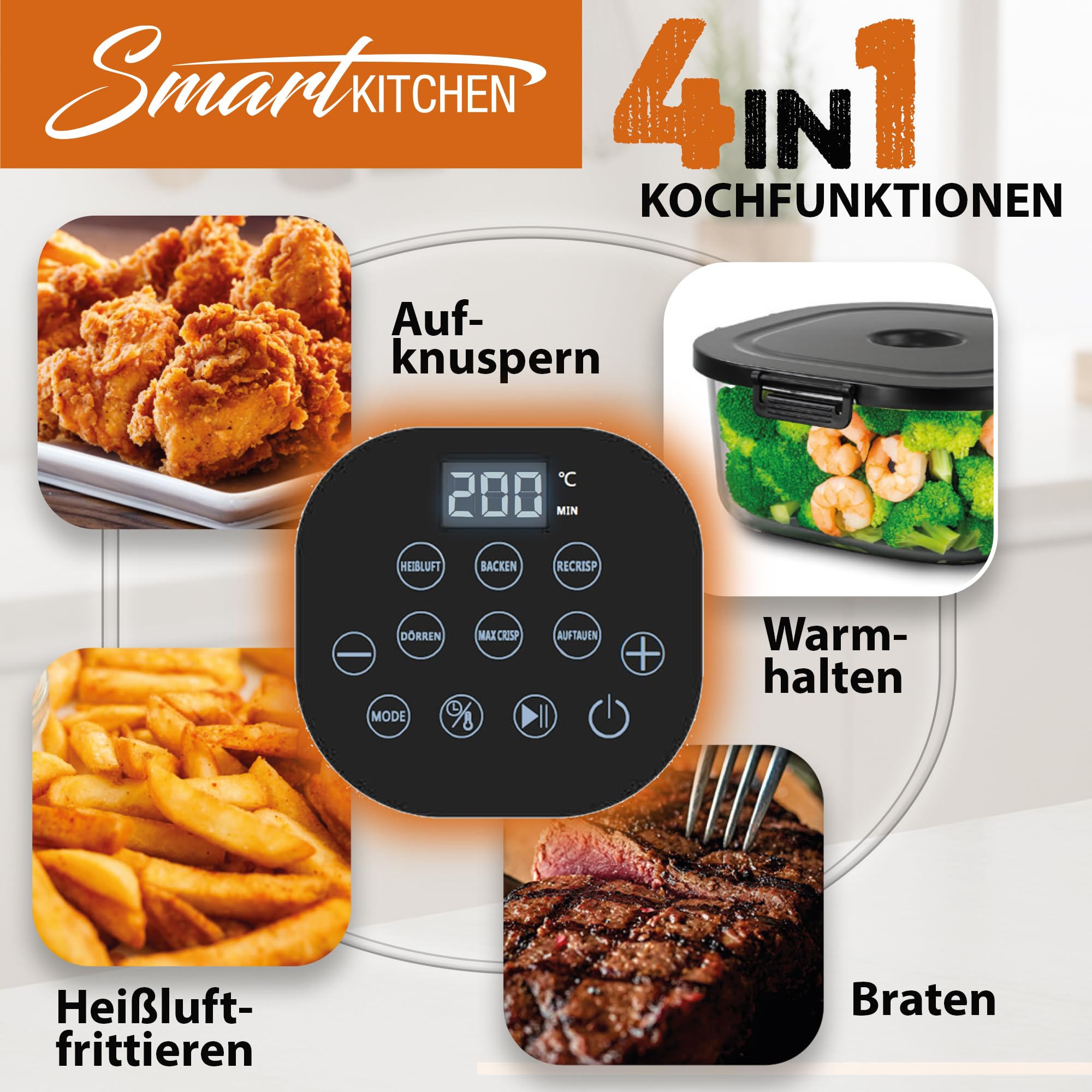 Smart Kitchen Szklana frytkownica na gorące powietrze 4 w 1 – Air Fryer do pieczenia, recrisp i max crisp – 4 l + 1,5 l szklany pojemnik Turbo tower pro – Kompaktowa i przenośna – Czarna