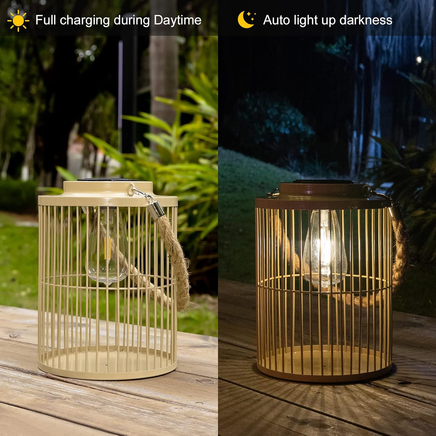 Solar Lanterns Outdoor Hanging Light,Solar Powered Retro Heavy Duty White Metal Desktop Waterproof Decorative Light with Edison Bulb for Gazebo Porch Garden Patio Yard Tabletop Decor