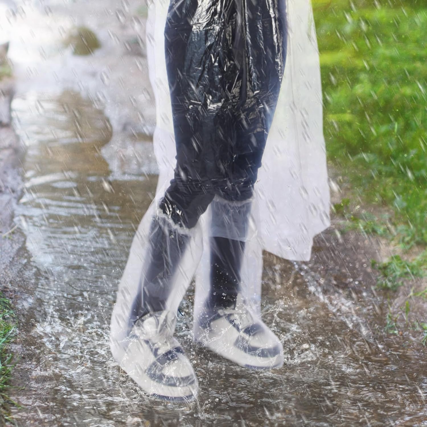 24 Pack Disposable Rain Ponchos for Adults Set 12 Pcs Clear Emergency Ponchos with Hoods Drawstring Elastic Sleeves and 12 Pairs Waterproof Shoe Boot Covers for Men Women Travel Camping - Image 3