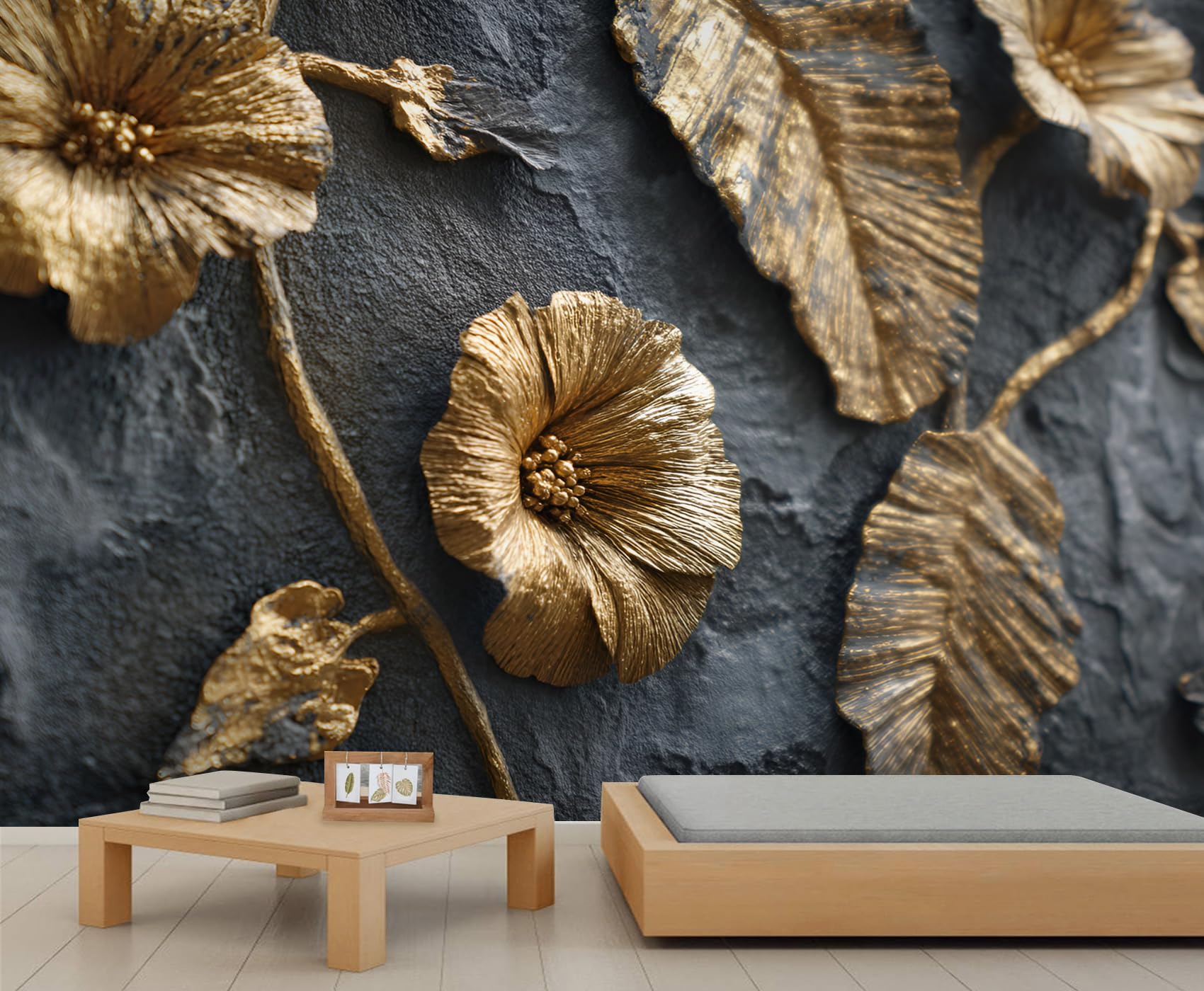 Golden Motion（ゴールデン・モーション） インテリアアート Amazon.com: Golden Flower Wall Mural, 3D Golden Floral Murals for