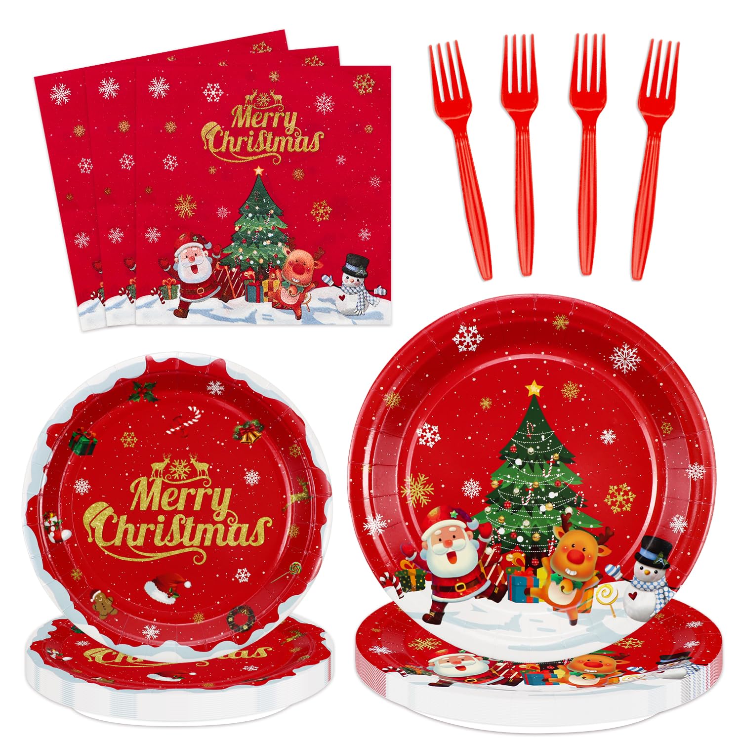 Christmas Party Decorations - Including Merry Christmas Paper Plates, Snowman Napkins, Forks Dinnerware Set for Xmas Winter Holiday Party Supplies,